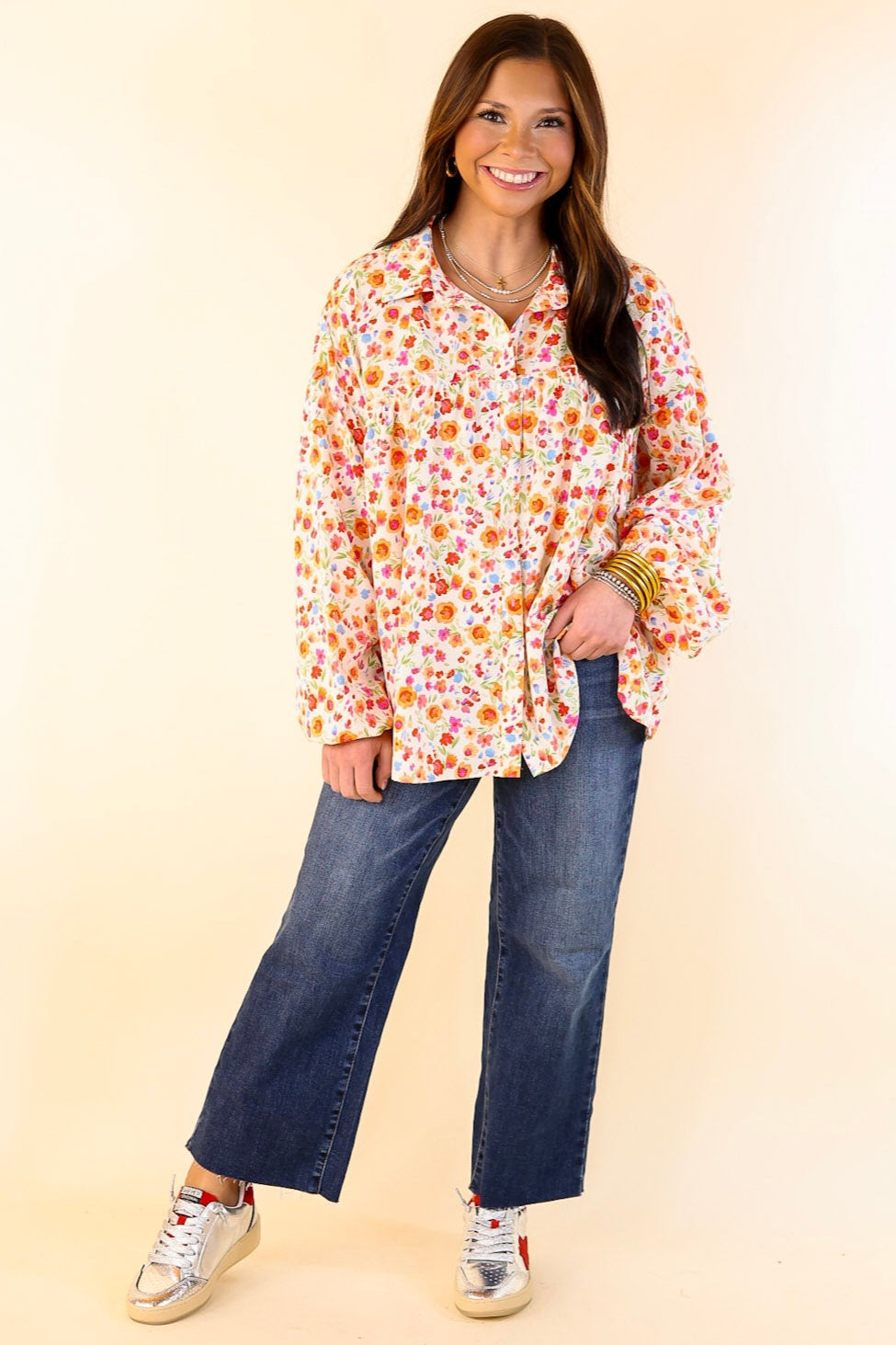 Premium Secret Garden Floral Print Blouse with Elegant Collar and Long Sleeves in Cream
