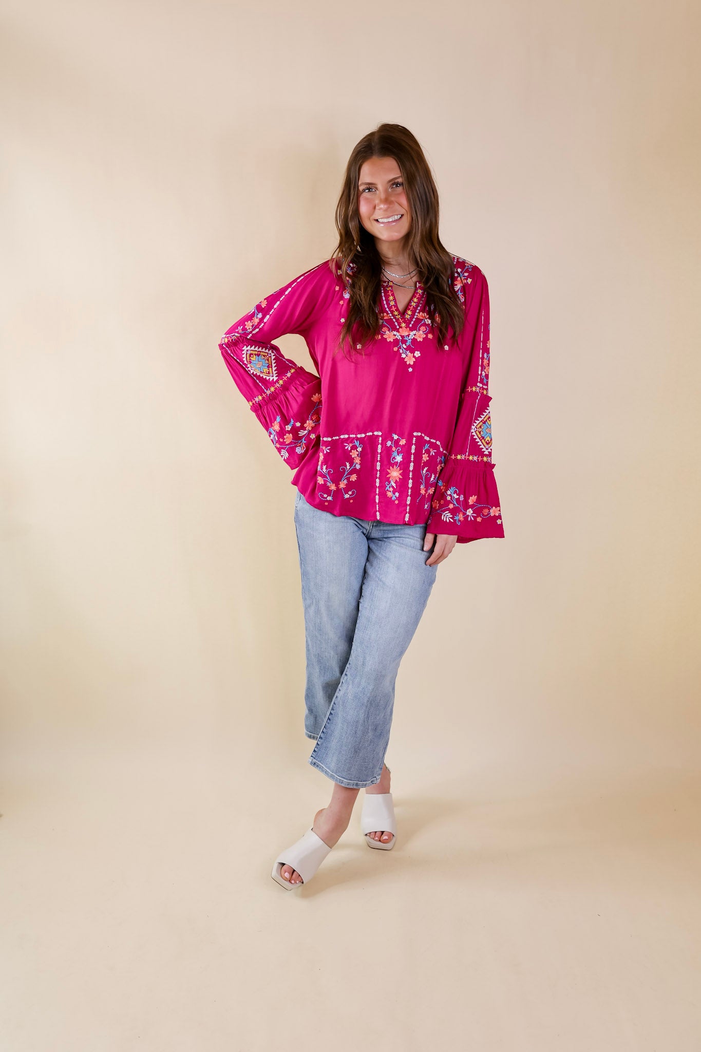 Premium Floral Embroidered Top - Long Bell Sleeves in Vibrant Magenta