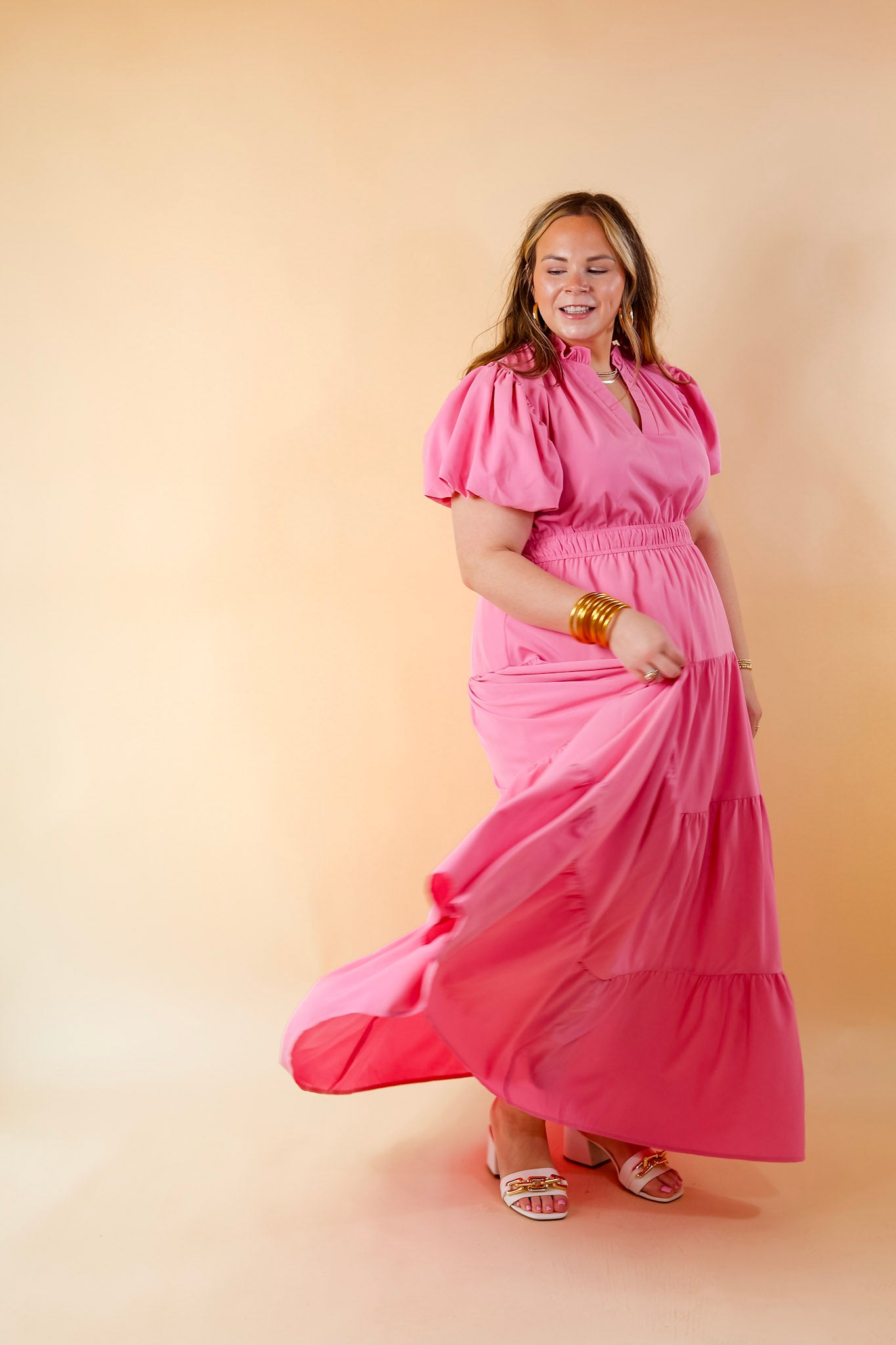 Premium 'Table for Two' Maxi Dress - Bubblegum Pink with Puff Sleeves