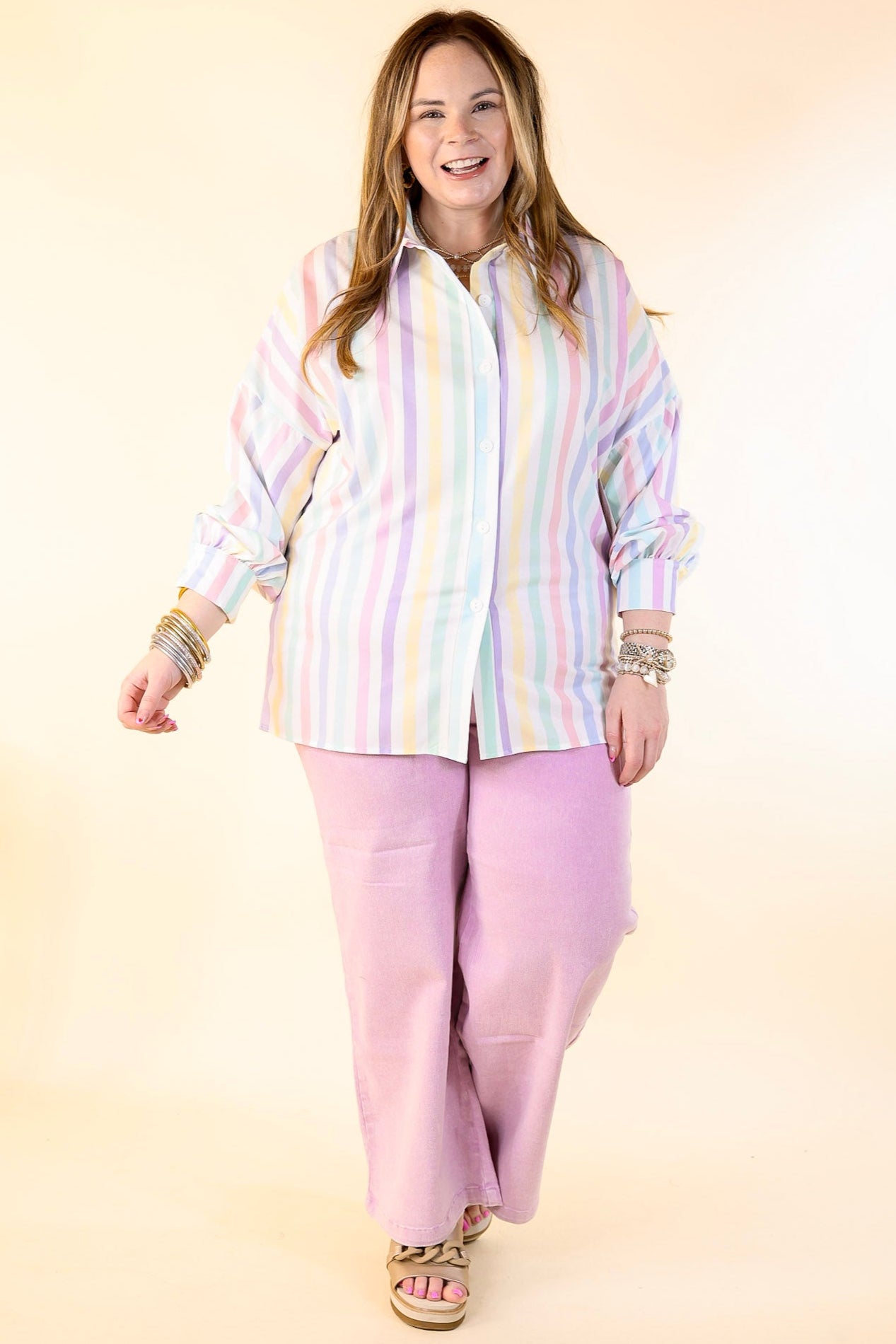 Ultimate Cowgirl Chic Button-Up Striped Blouse in Pastel White