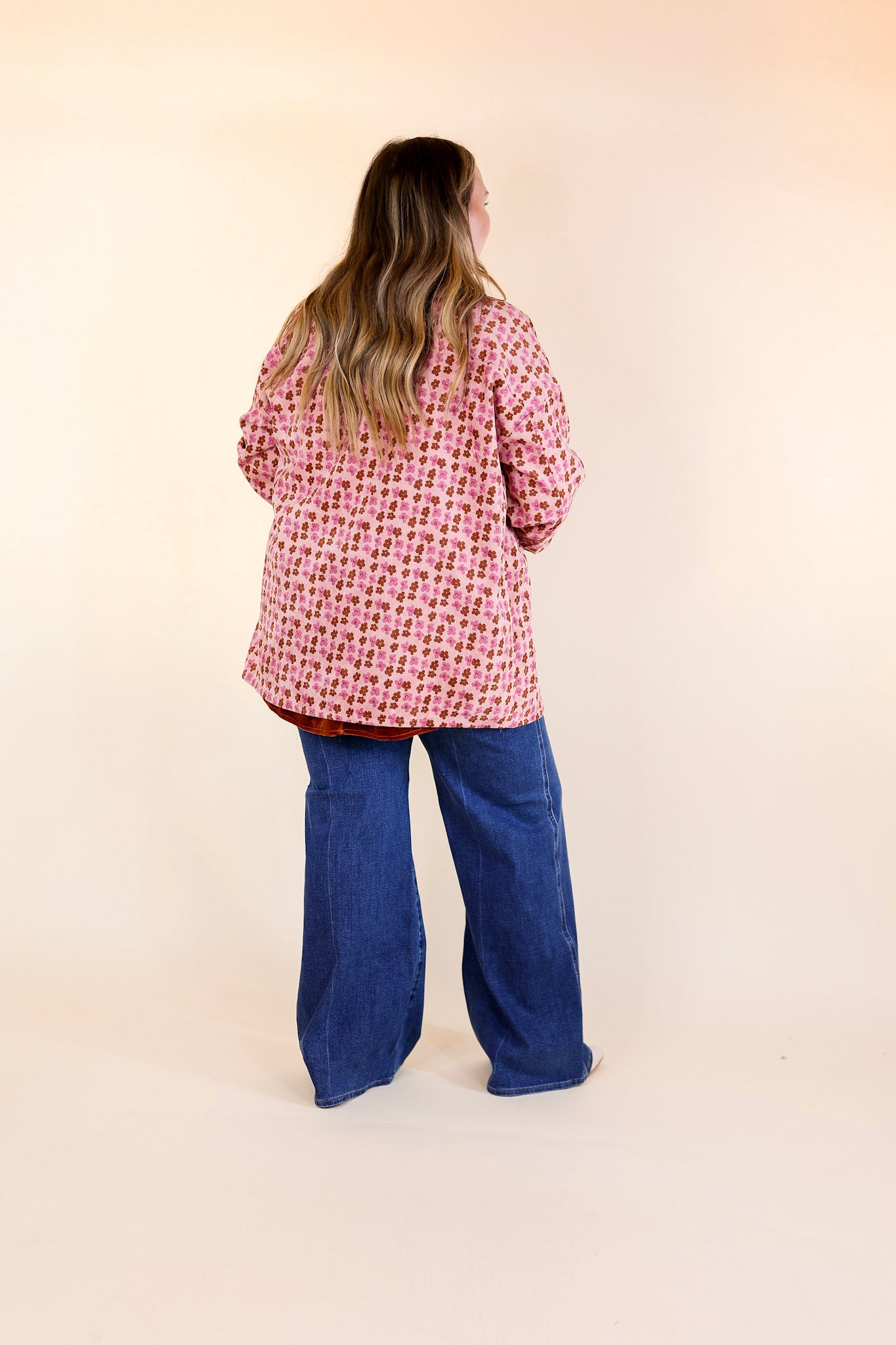 Premium Autumn Brunch Floral Print Corduroy Shacket - Dusty Pink