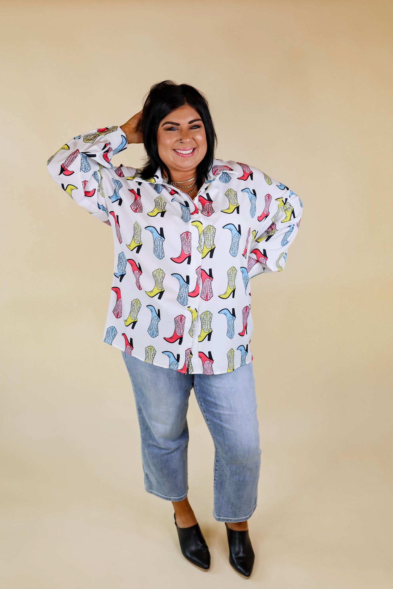 Ultimate Cowgirl Chic Button-Up Top - Multi-Color Boot Print in White