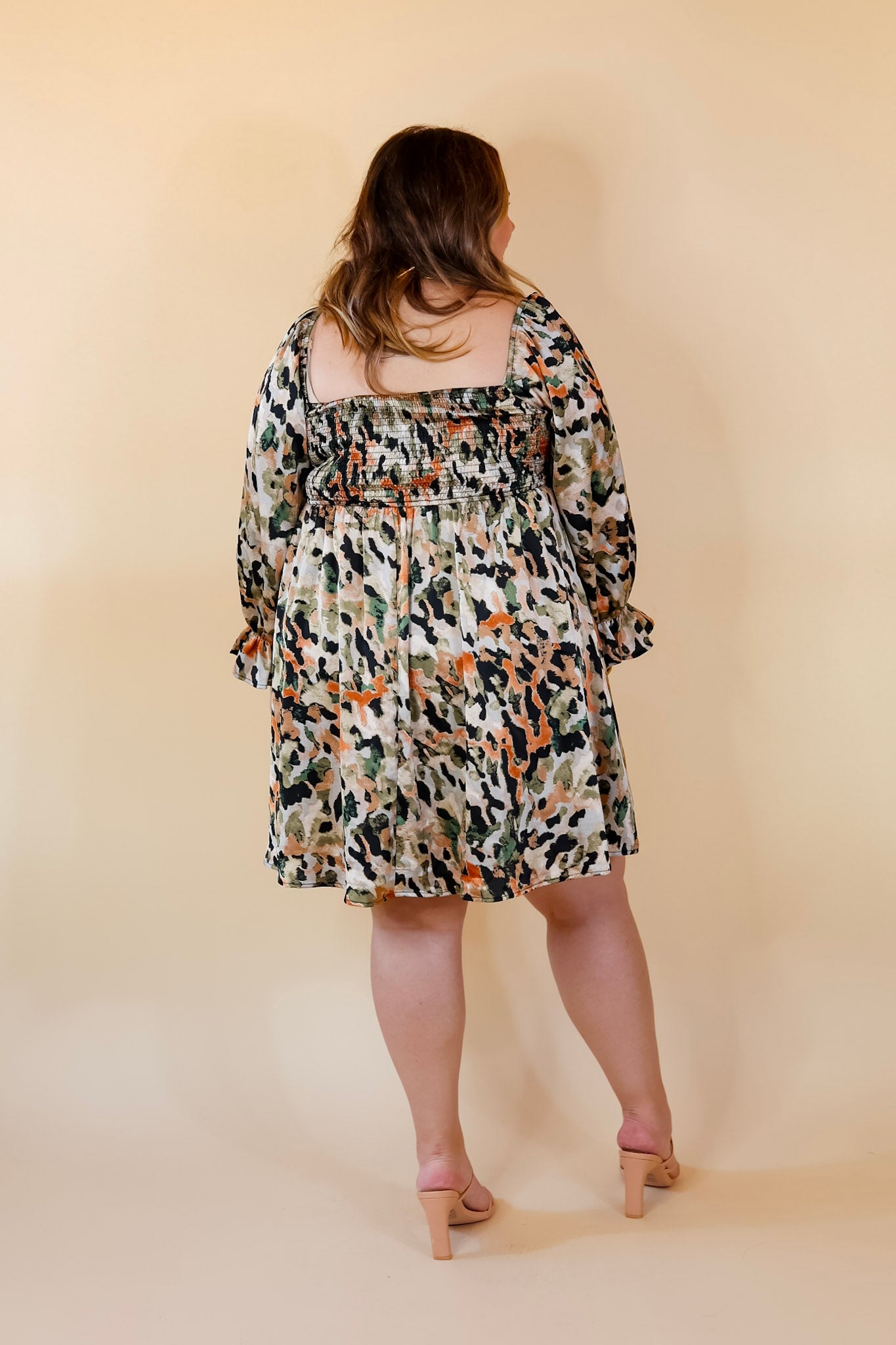 Premium Watercolor Satin Dress | Olive Mix Elegance with 3/4 Sleeves