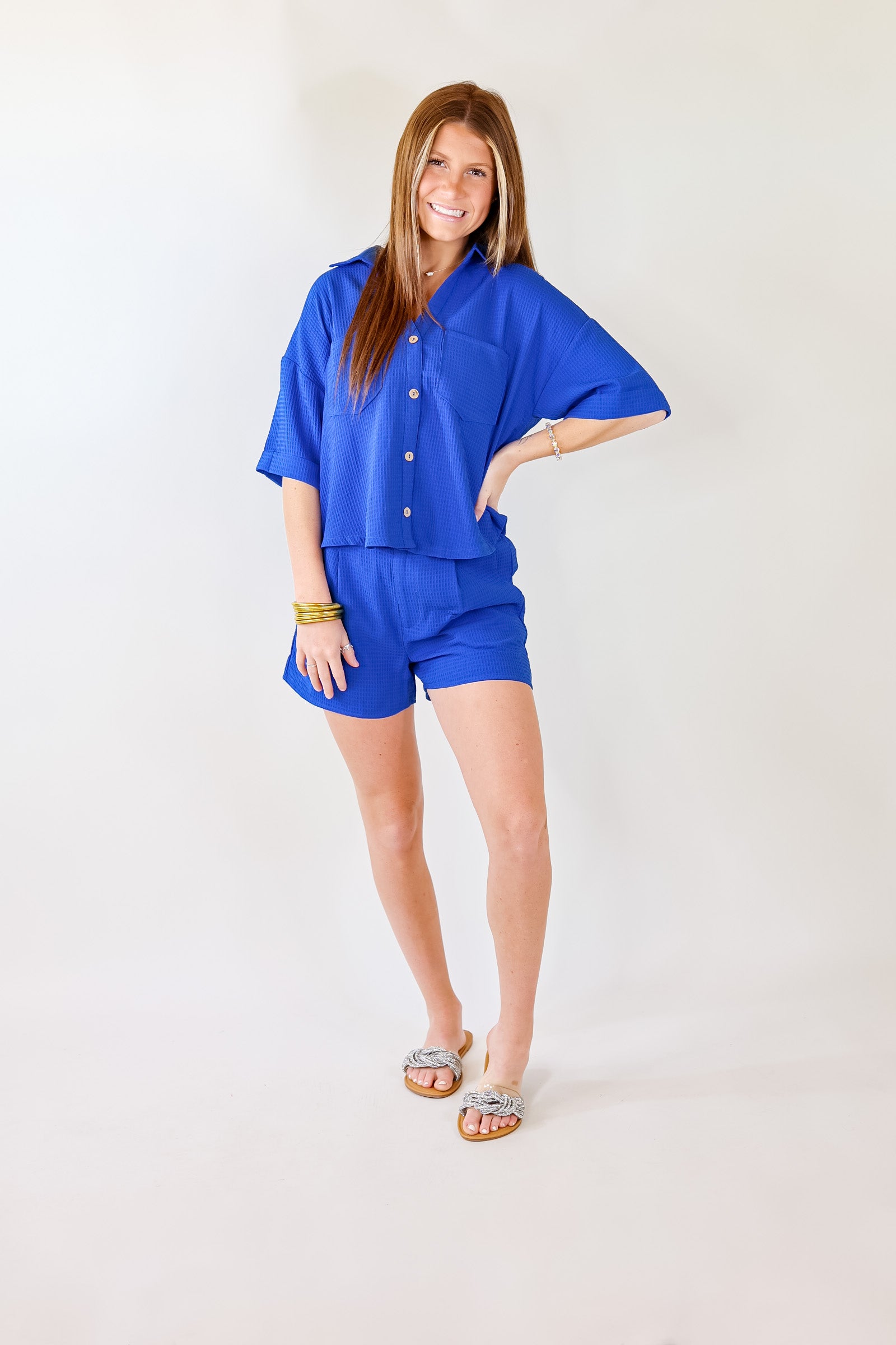 Premium Royal Blue Waffle Weave Button-Up Top – Ultimate Style & Comfort