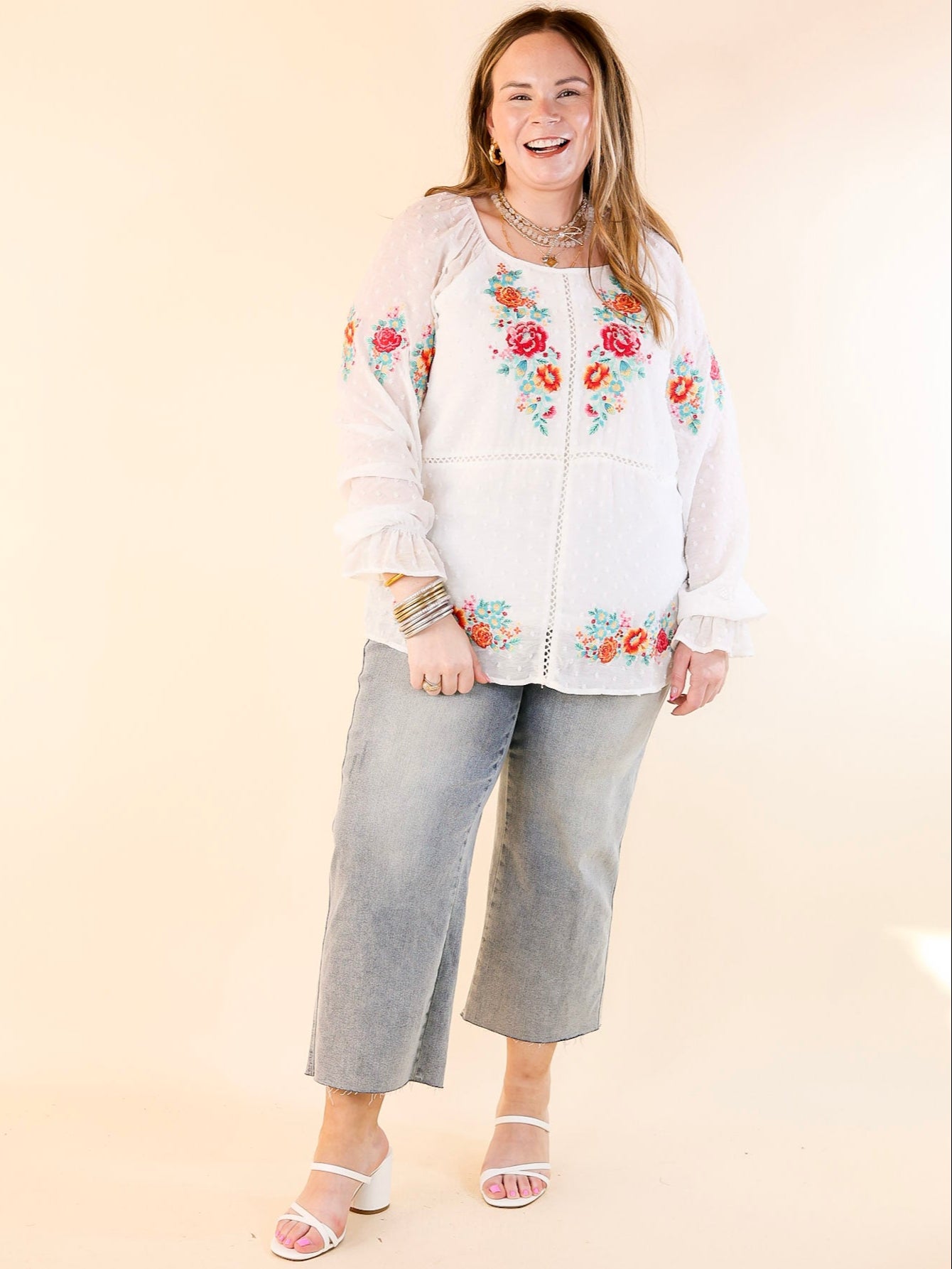Premium Swiss Dot Long Sleeve Blouse with Floral Embroidery - Spring Essential
