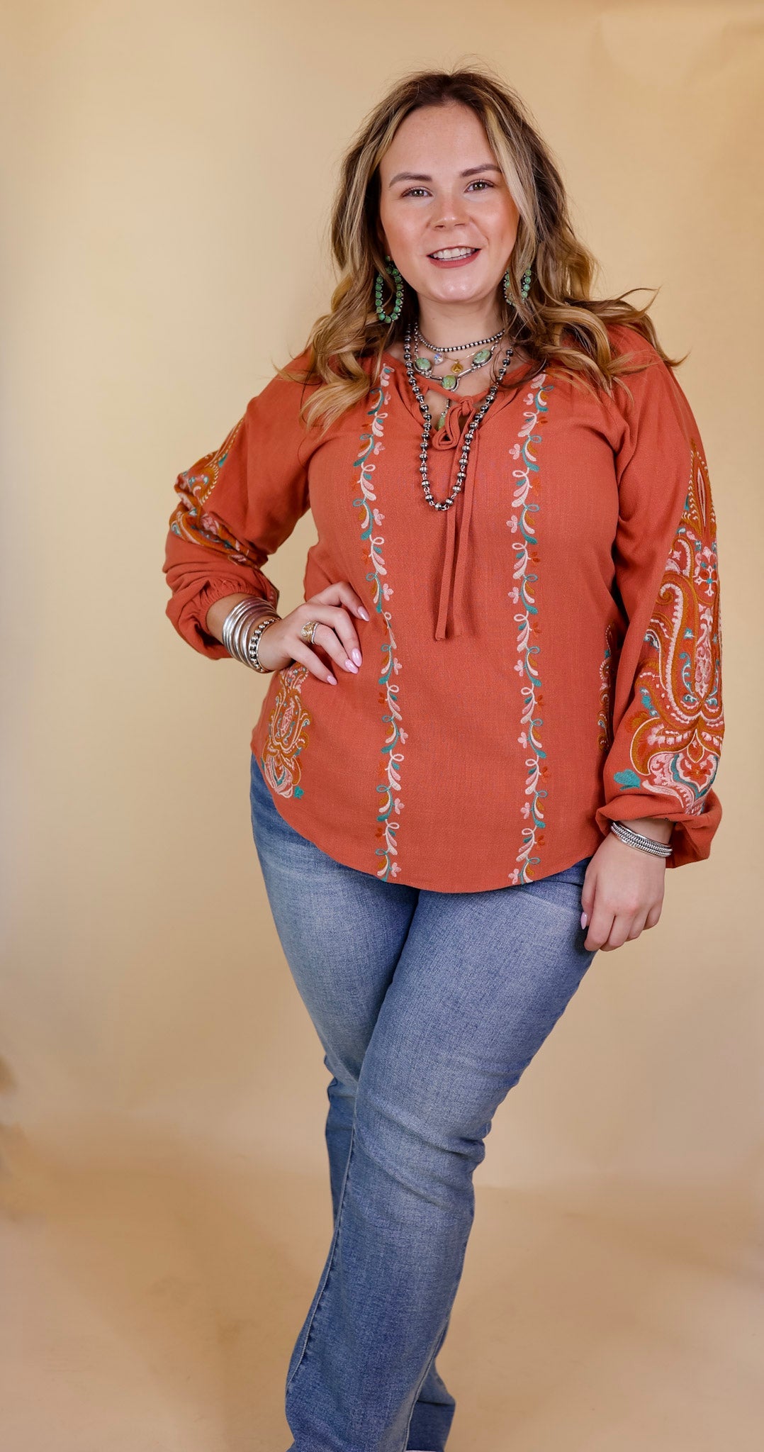 Premium Floral Embroidered Keyhole Top - Clay Orange | Ultimate Style & Comfort