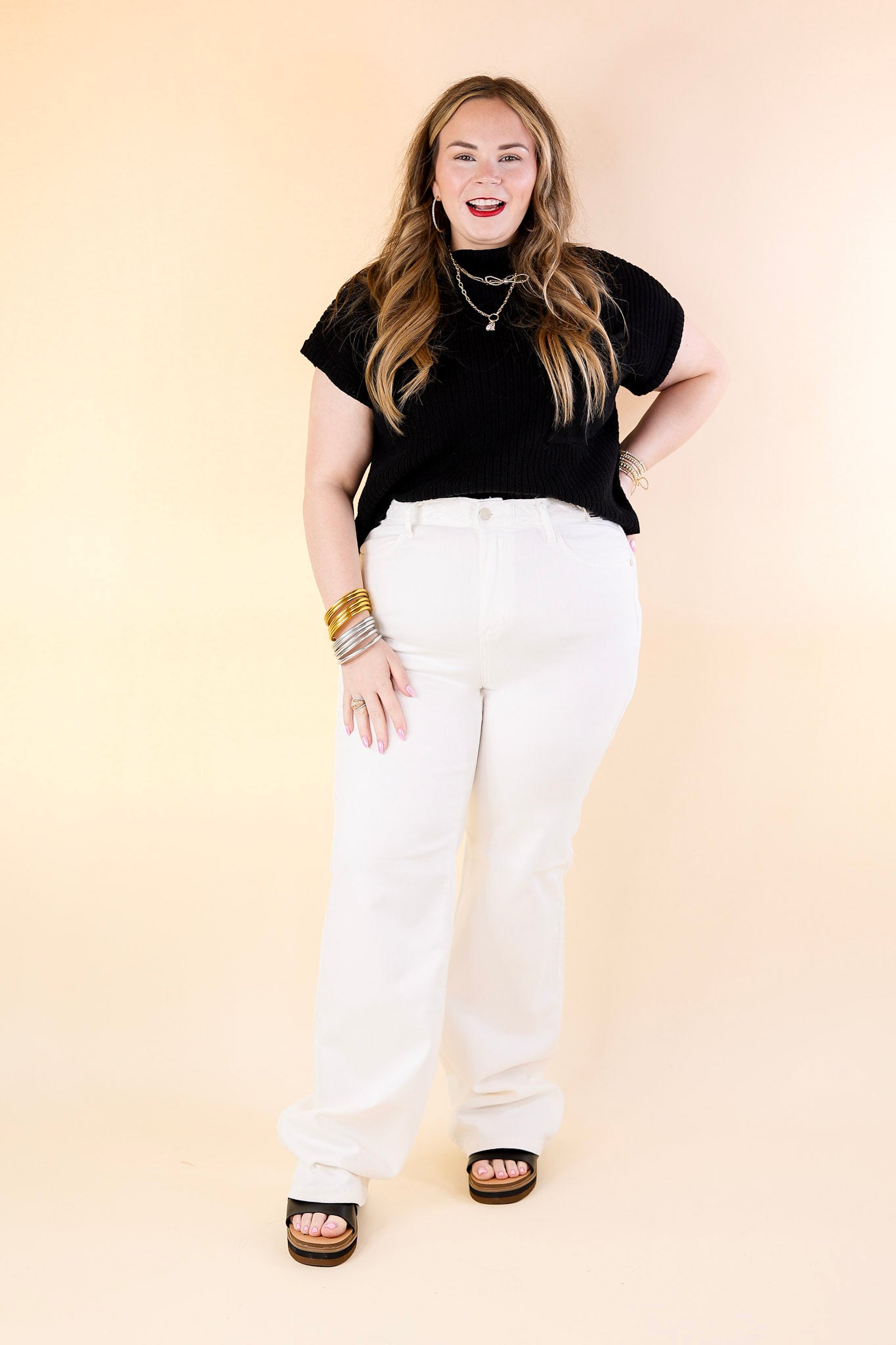 Judy Blue | Premium High Waisted Wide Leg Jeans with Braided Waistband in White | Sleek Style