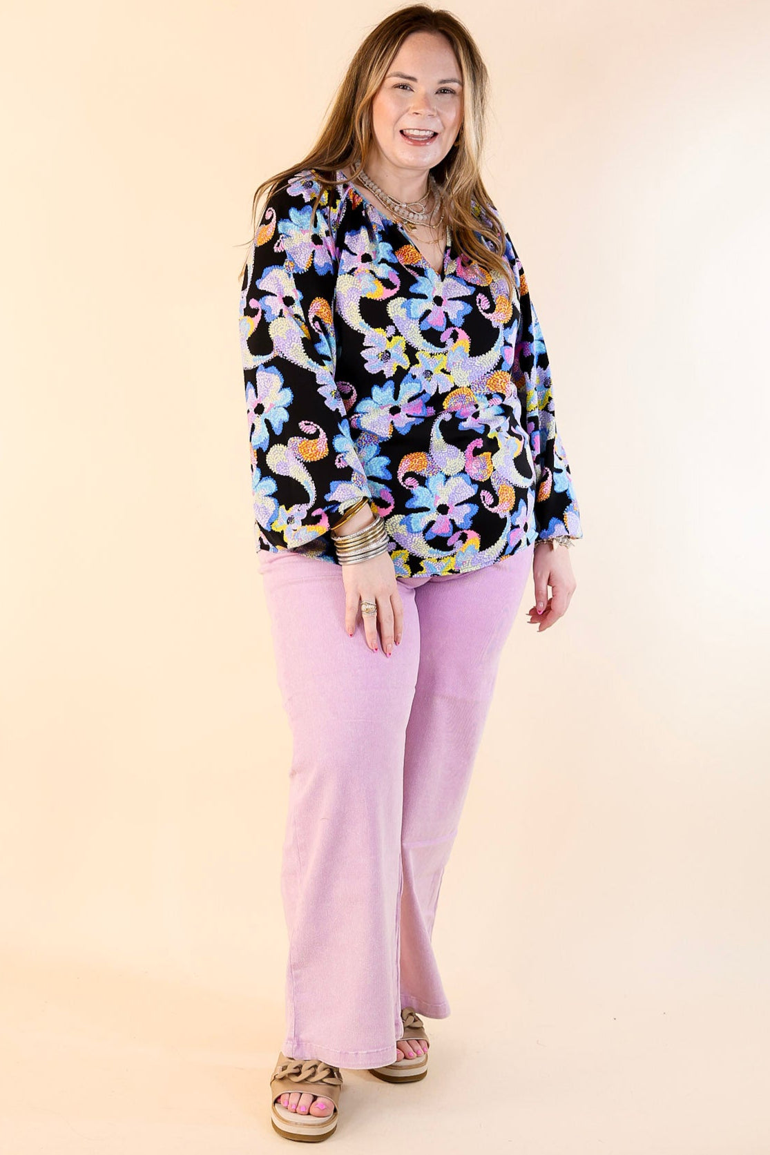 Ultimate Sweet Floral Print Top - Premium Notched Neckline in Black