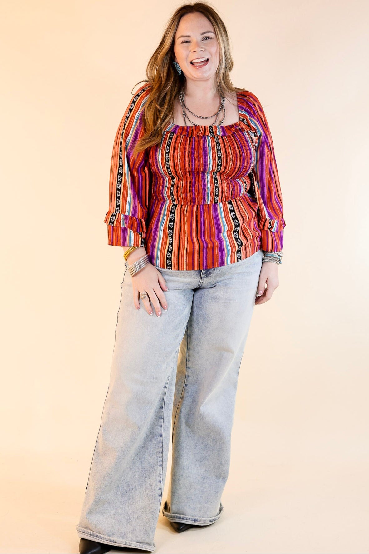 Premium Blissful Break Serape Print Peplum Top – Rust Orange Mix