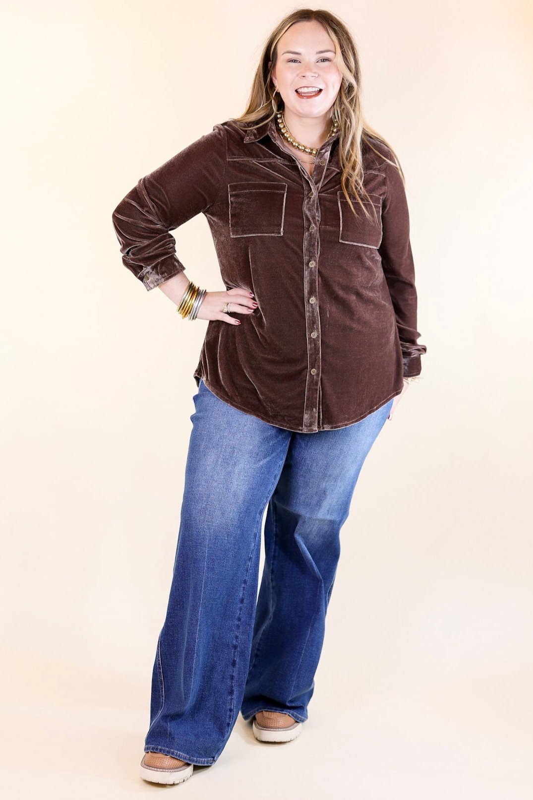 Premium Velvet Button-Up Blouse in Almond Brown | Elegant Evening Wear