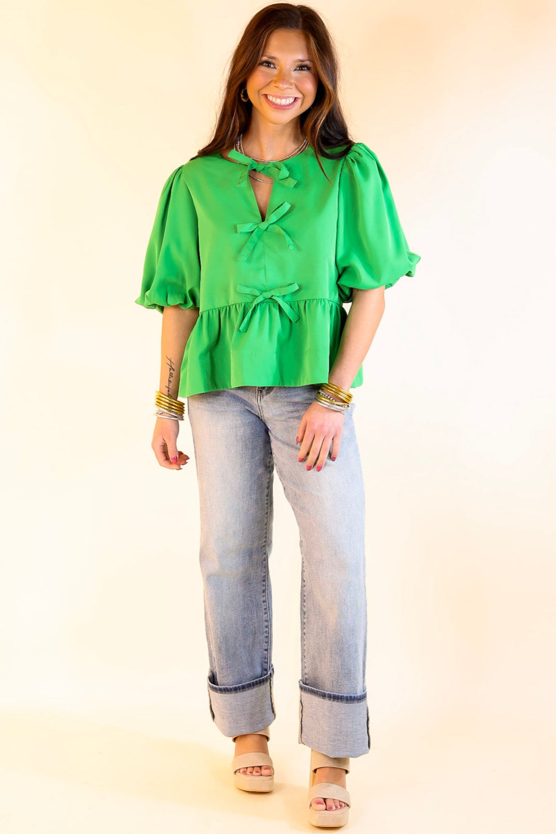 Premium Green Bow Tie Puff Sleeve Top - Ultimate Style Upgrade