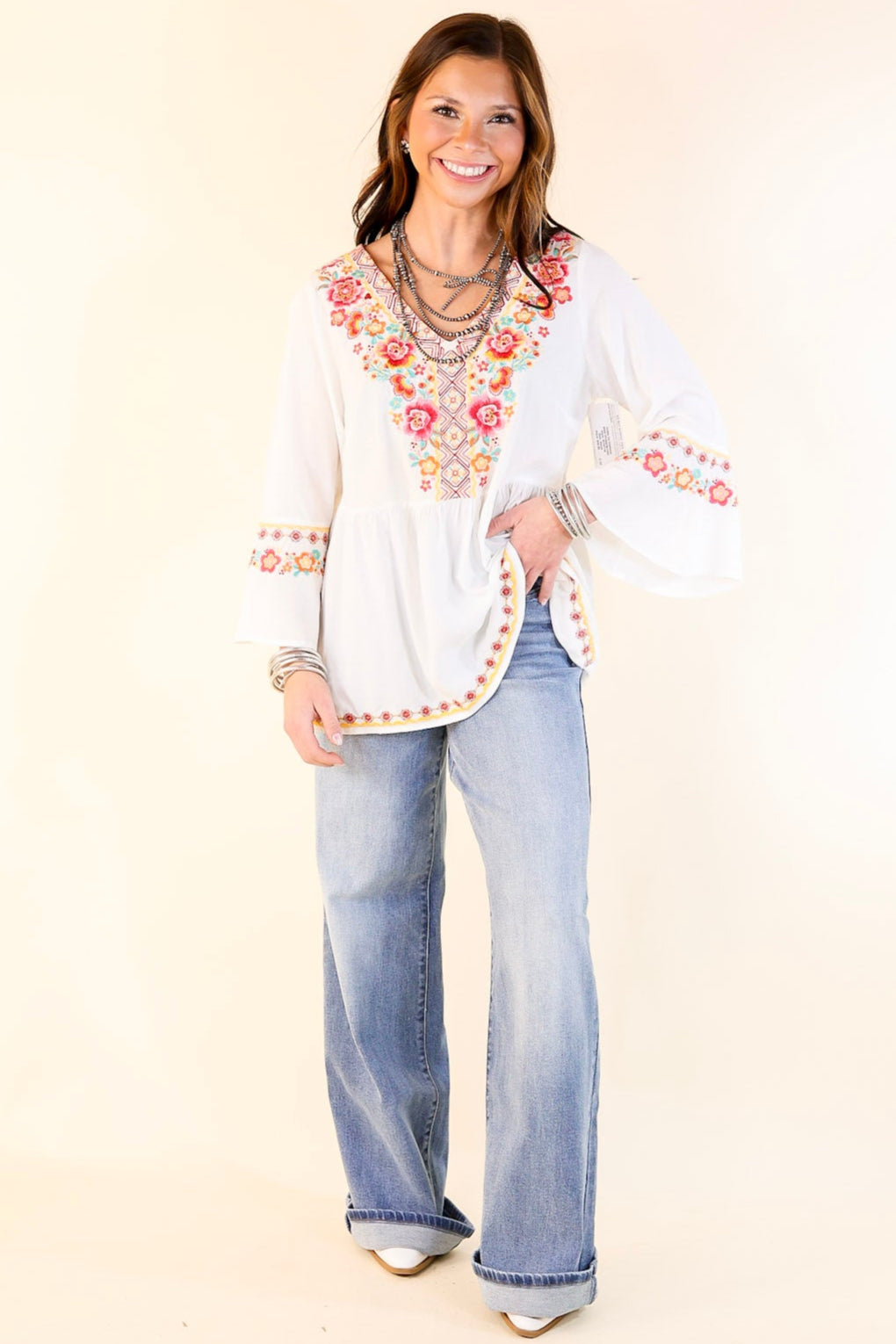 Premium Joyous Moments 3/4 Bell Sleeve Embroidered Babydoll Top in White