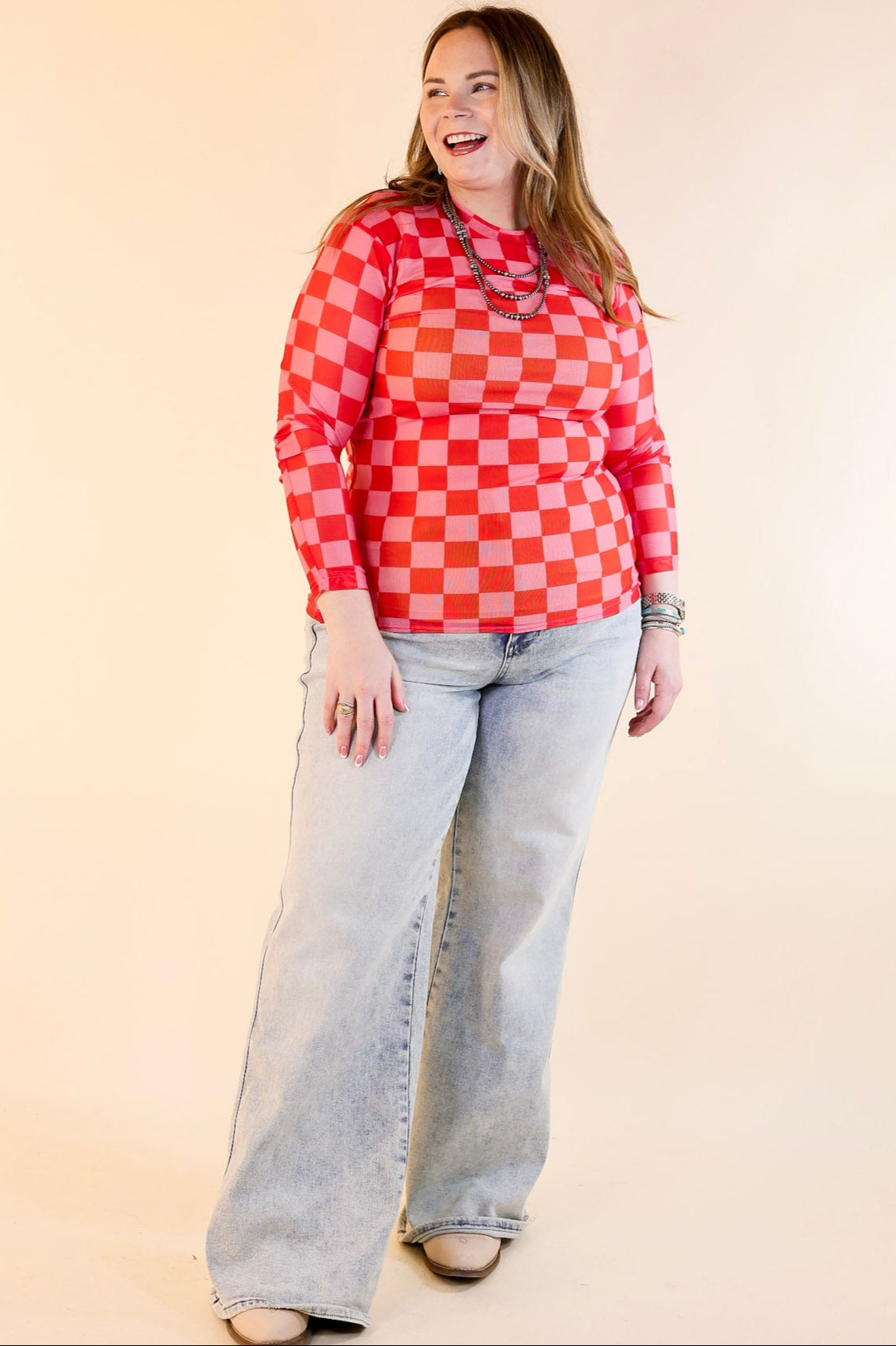 Premium Western Dream Checkered Mesh Long Sleeve Top - Pink & Red