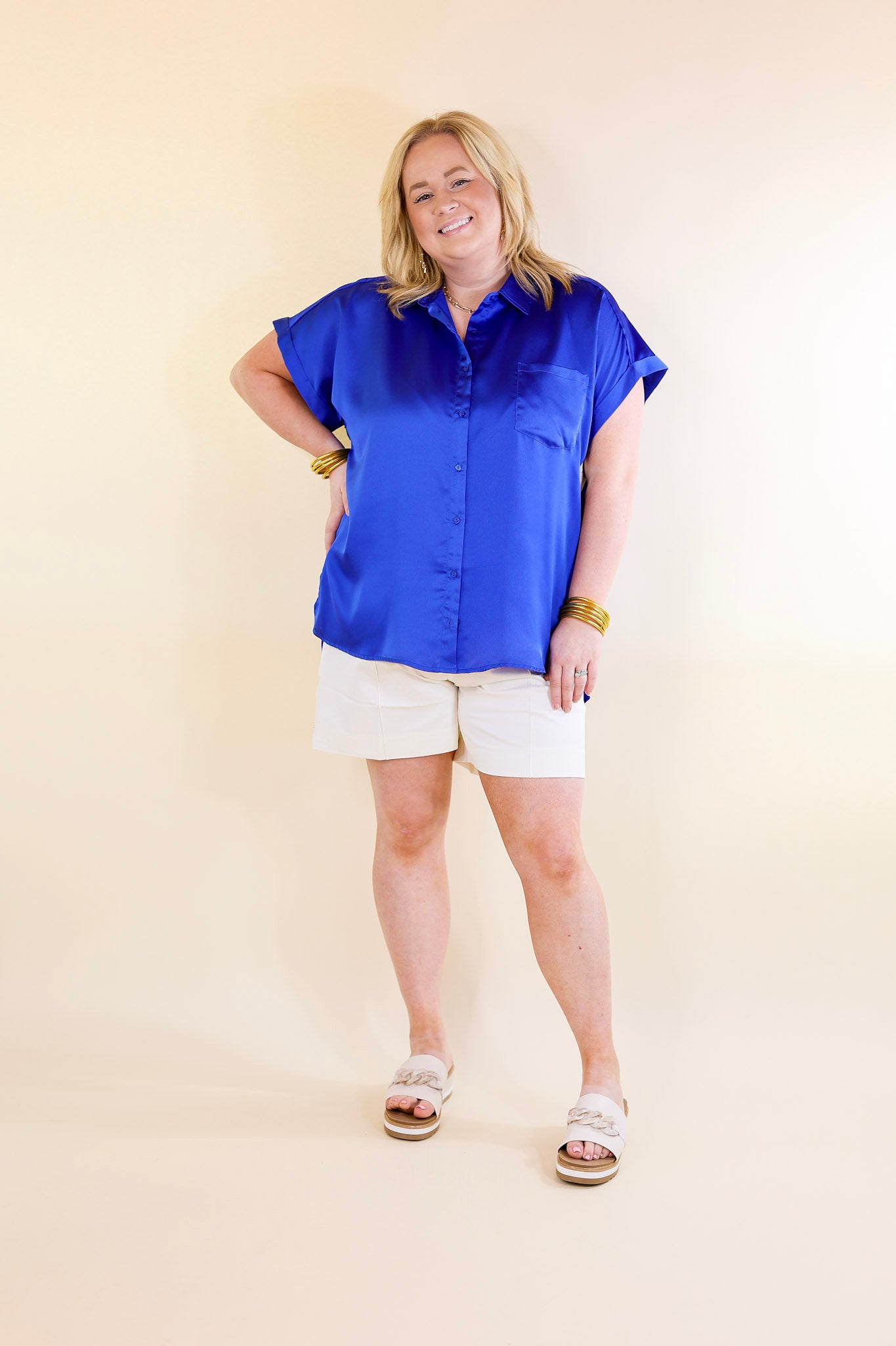 Premium Royal Blue Satin Button-Up Top - Free To Be Fab Collection