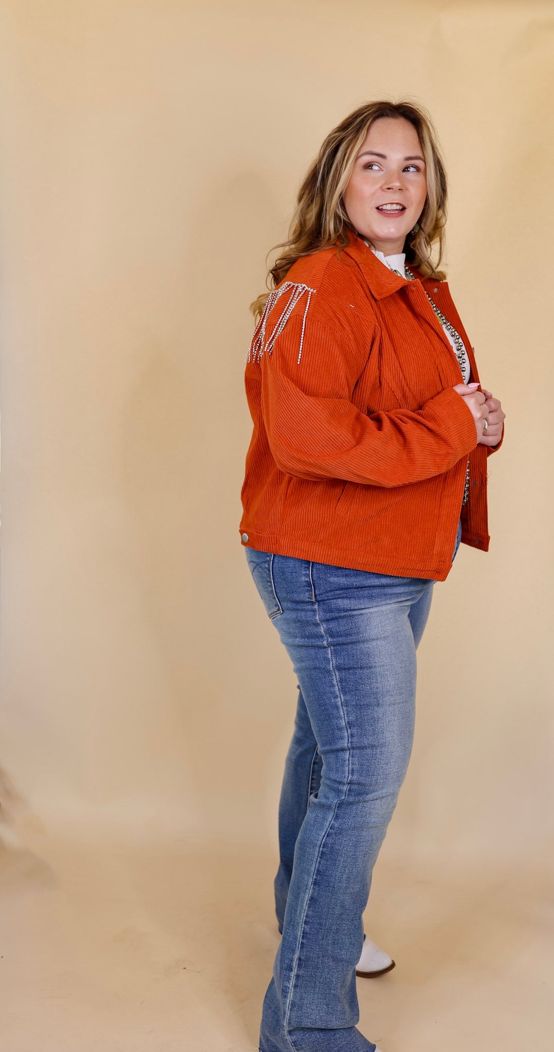 Ultimate Rust Orange Corduroy Shacket with Crystal Fringe Back