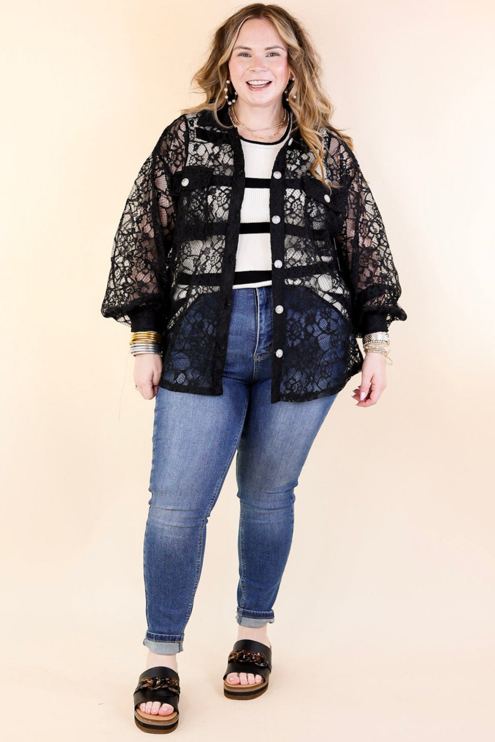 Ultimate Sheer Elegance: Black Lace Collared Button-Up Top