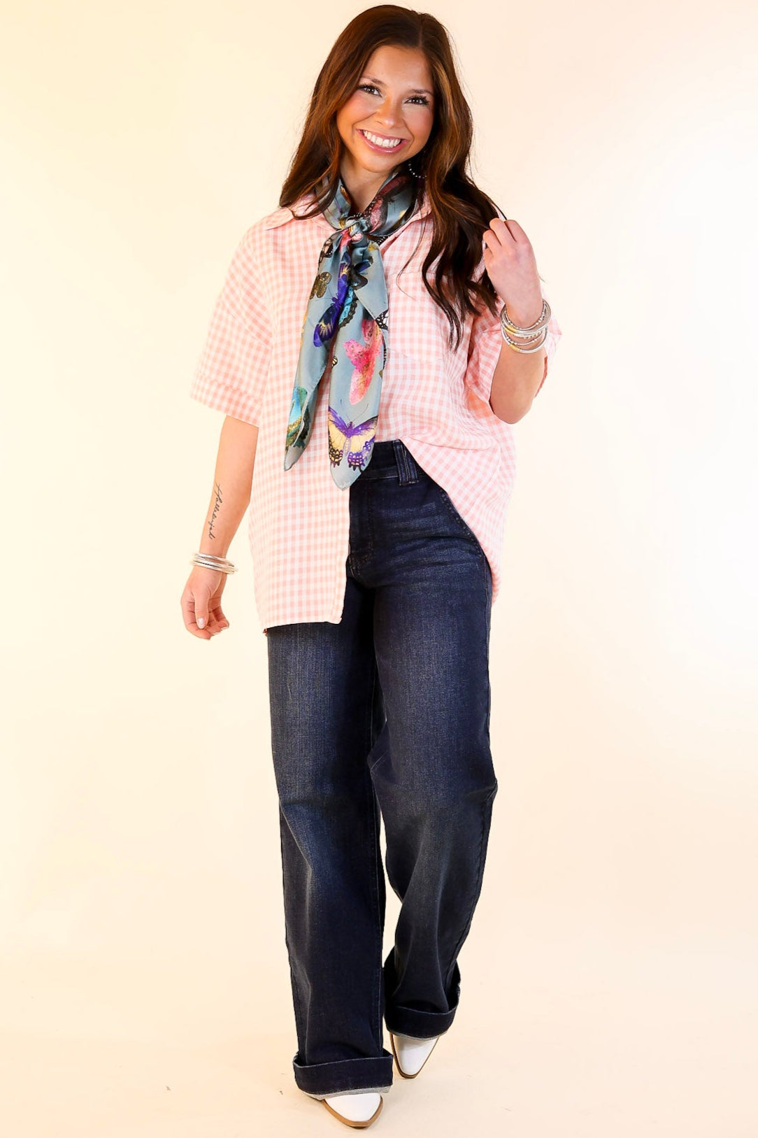Ultimate Spring Style: Light Pink Gingham Short Sleeve Button-Up Top