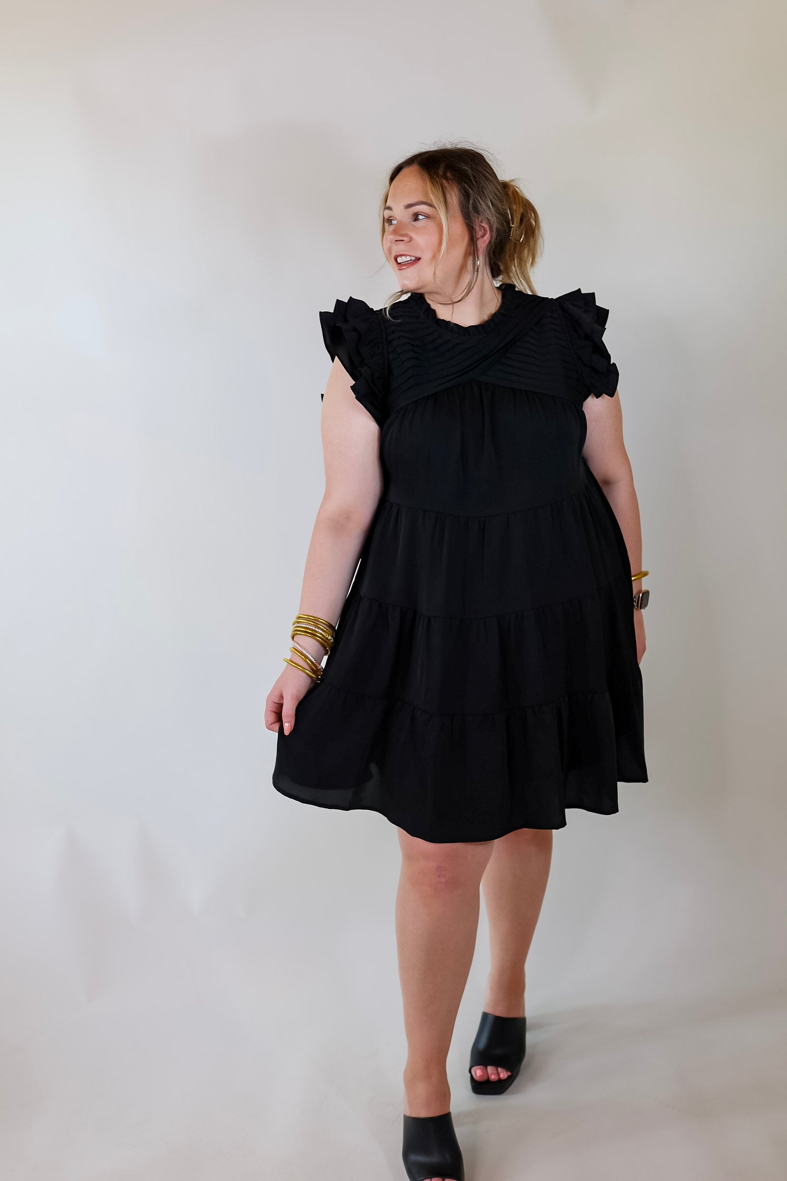 Premium Black Ruffle Tiered Dress with Pleated Detailing