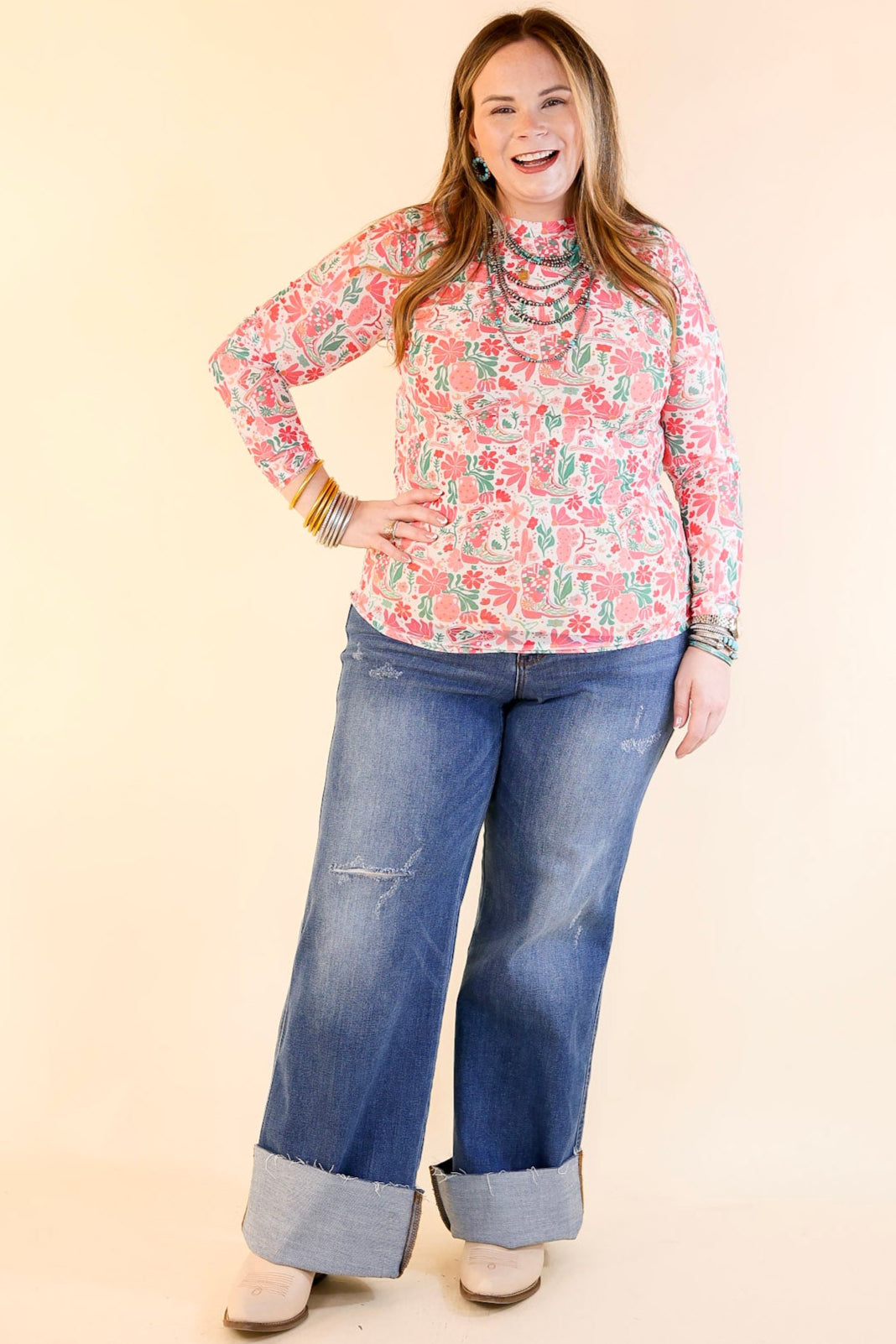 Premium Western Dream Mesh Long Sleeve Top - Pink Floral Print