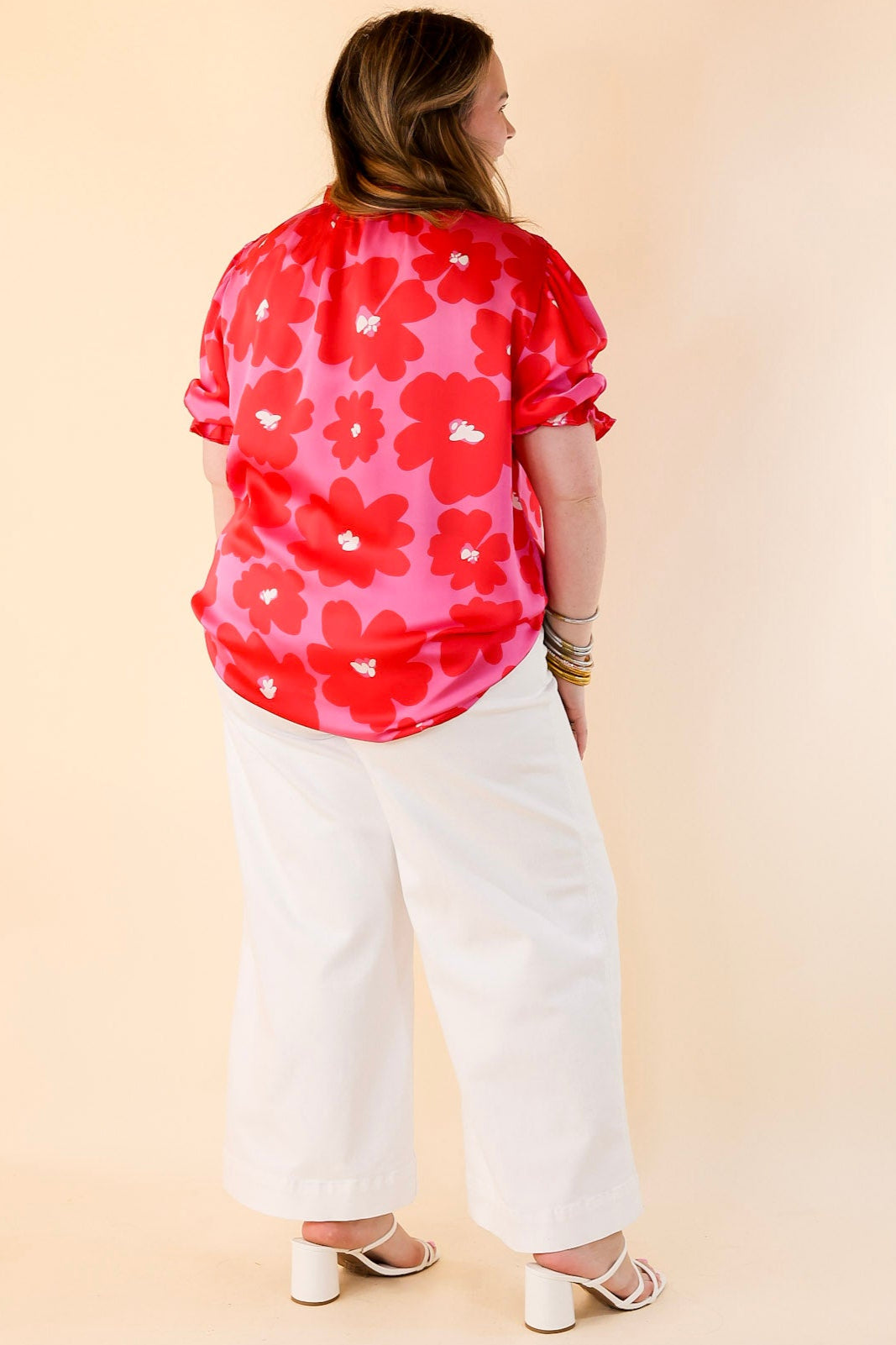 Premium Elegance Floral Blouse with Puffed Sleeves & Ruffled Neckline - Soft Pink