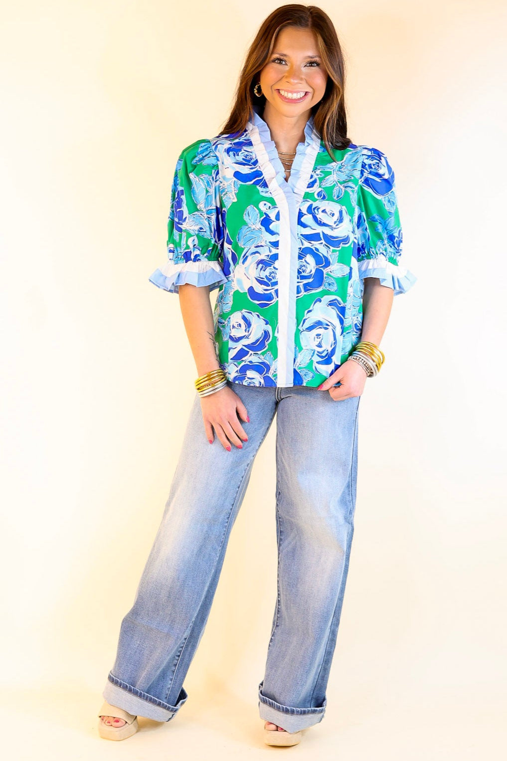 Premium Floral Ruffled V-Neck Top - Green & Blue Elegance