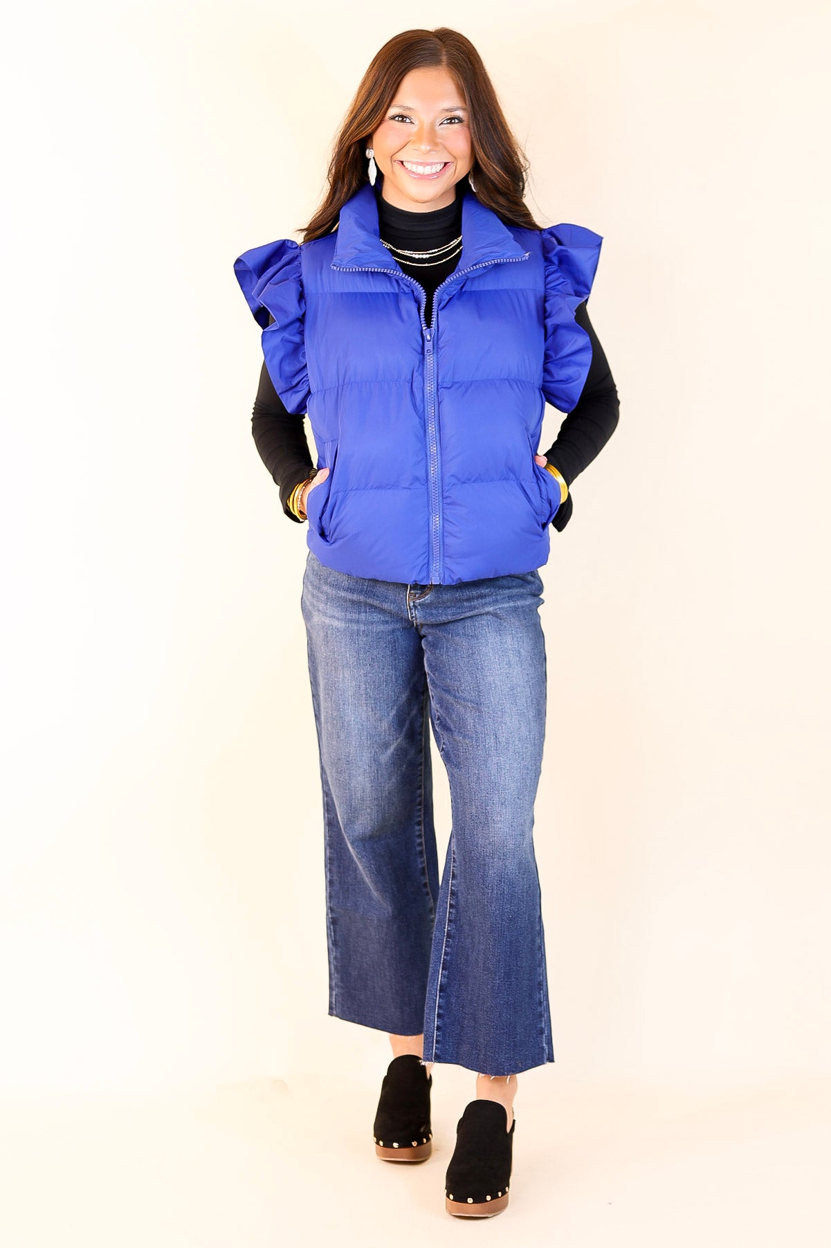 Premium All-Season Ruffle Sleeve Puffer Vest - Royal Blue