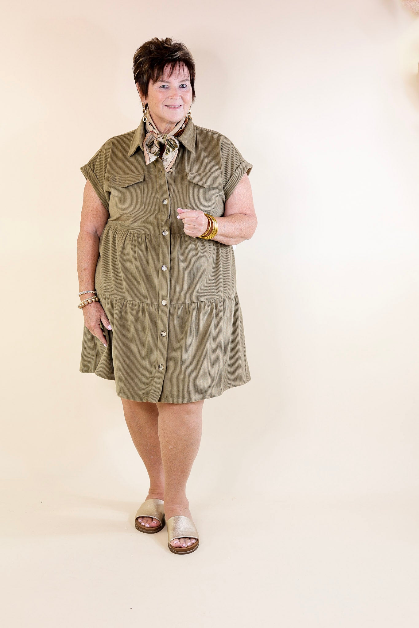 Ultimate Obsession Corduroy Button-Up Dress - Olive Green