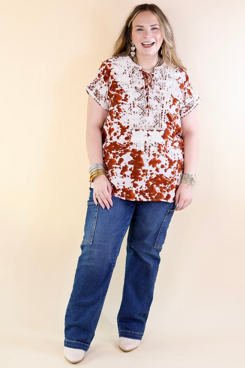 Premium Embroidered Applause Top – White & Rust Orange