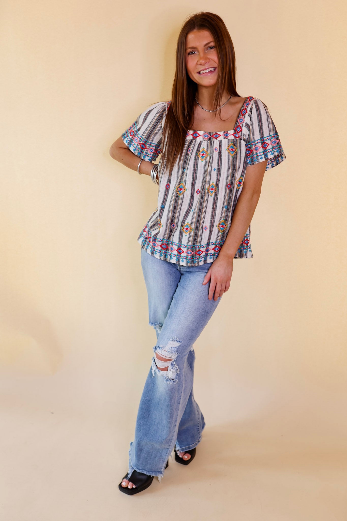 Premium Tribal Embroidered Striped Square Neck Top - Ivory & Black