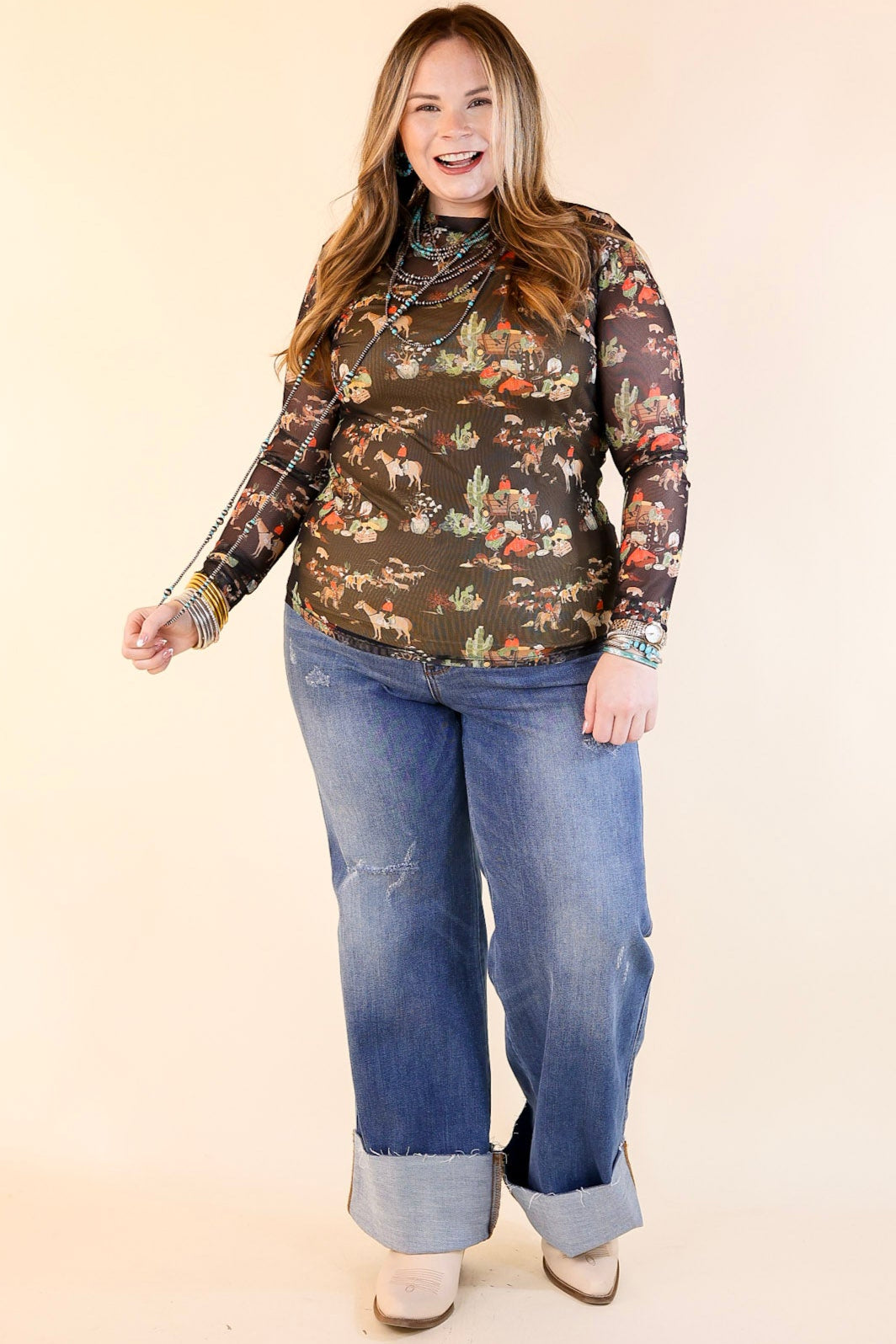 Premium Western Dream Mesh Long Sleeve Top - Retro Black Print