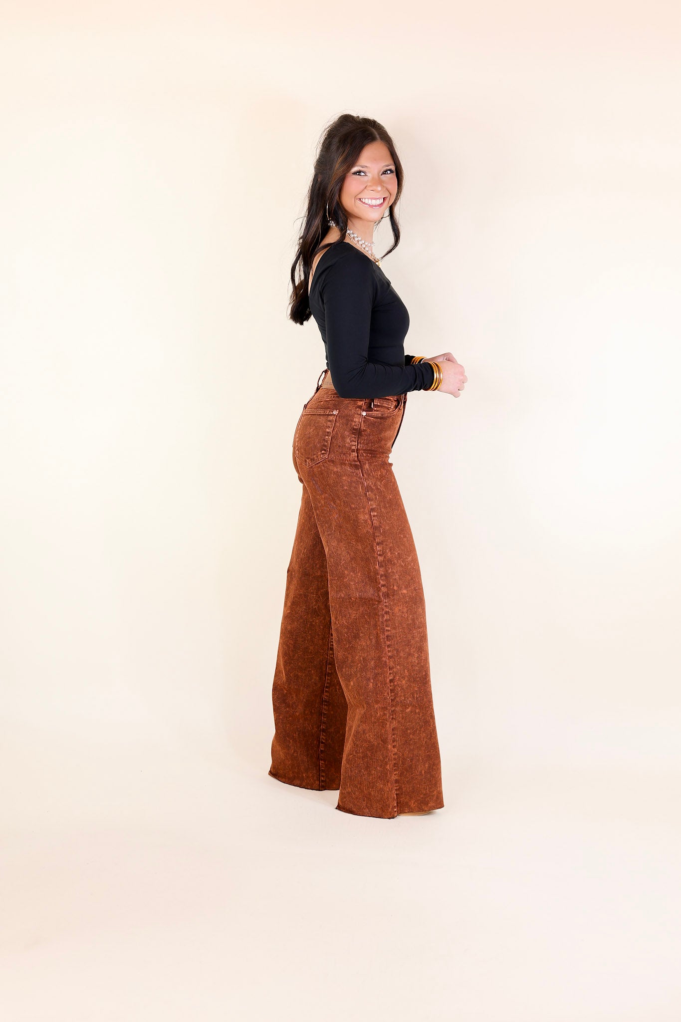 Judy Blue | Premium Harvest Hues High Waisted Wide Leg Jeans in Pumpkin Spice Brown