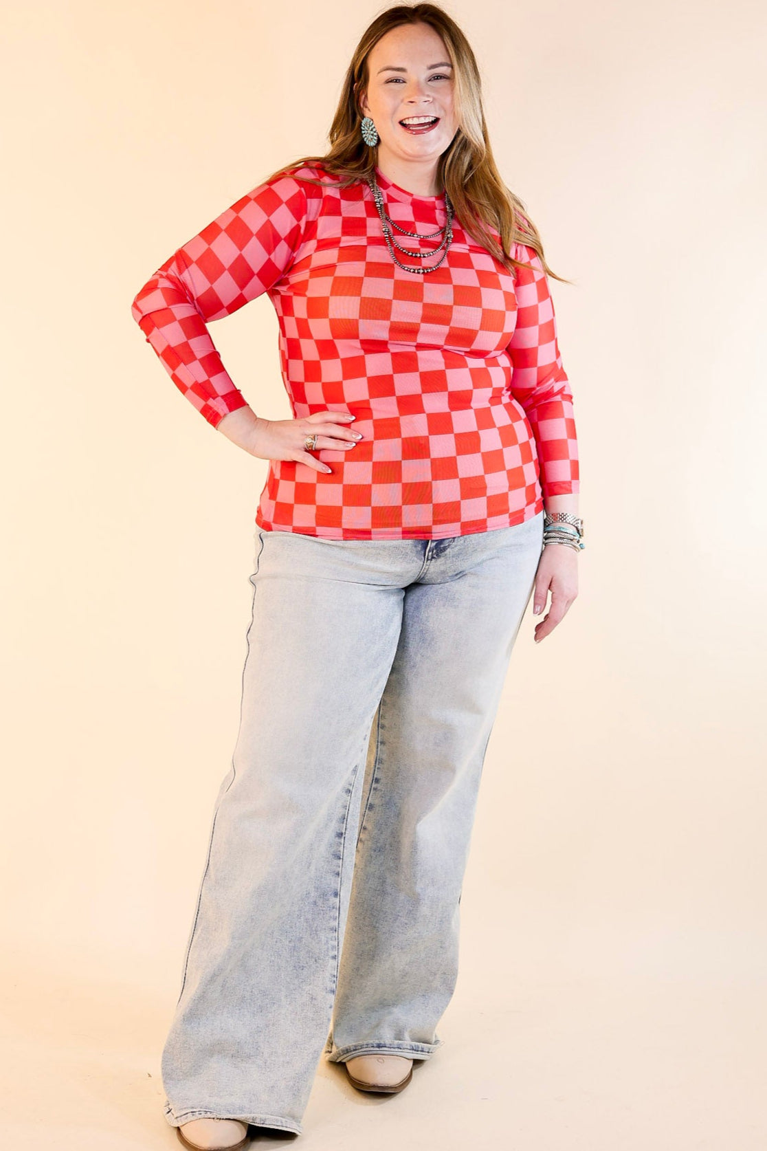 Premium Western Dream Checkered Mesh Long Sleeve Top - Pink & Red