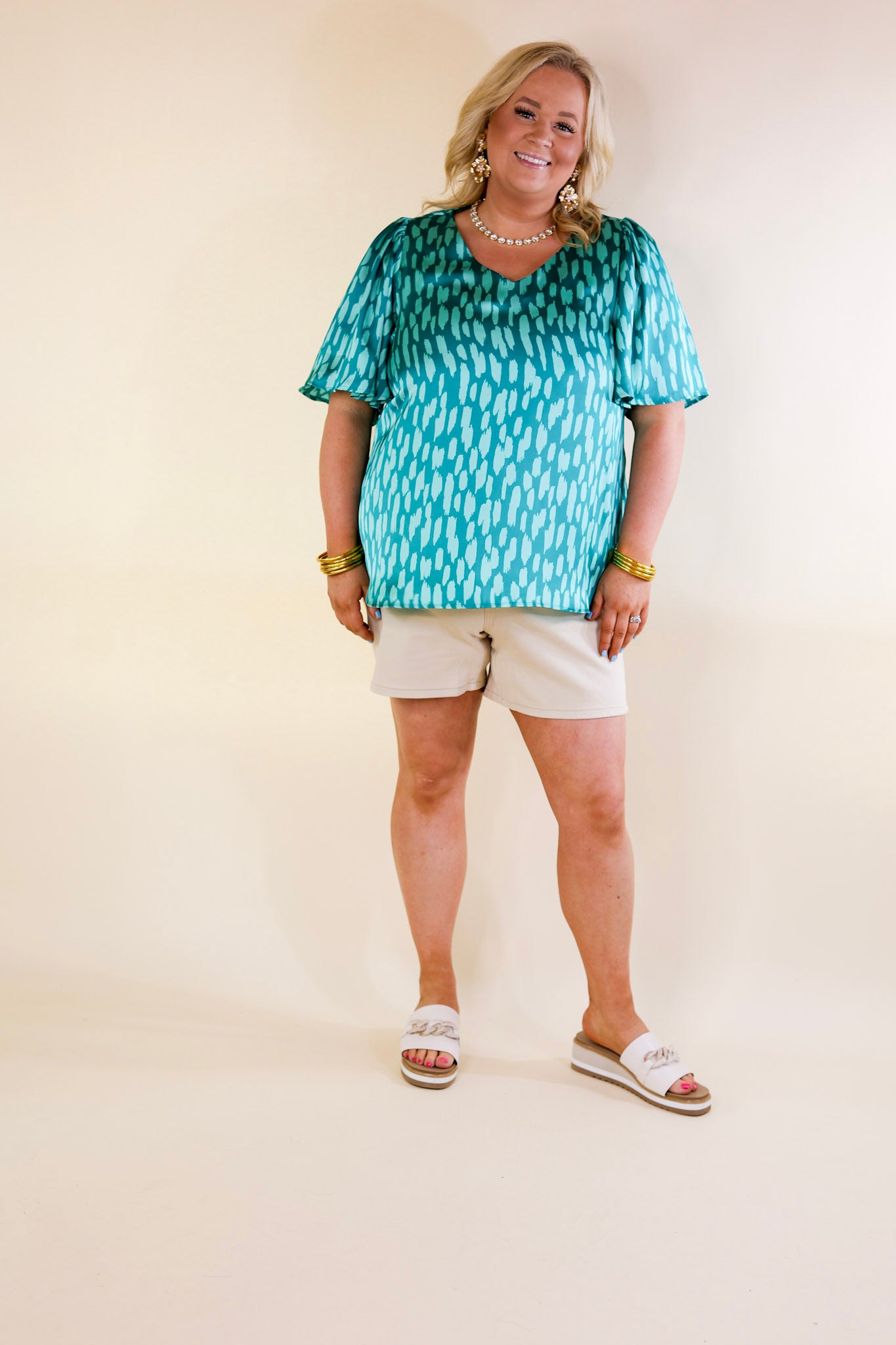 Premium Satin Dotted V-Neck Blouse - Teal Mix