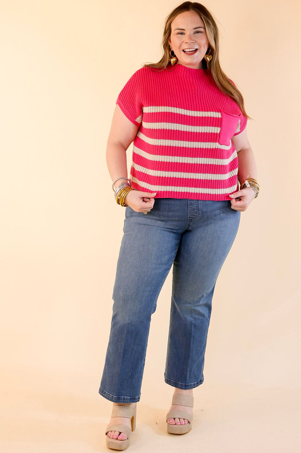 Premium Striped Cap Sleeve Sweater - Hot Pink | Ultimate Comfort & Style