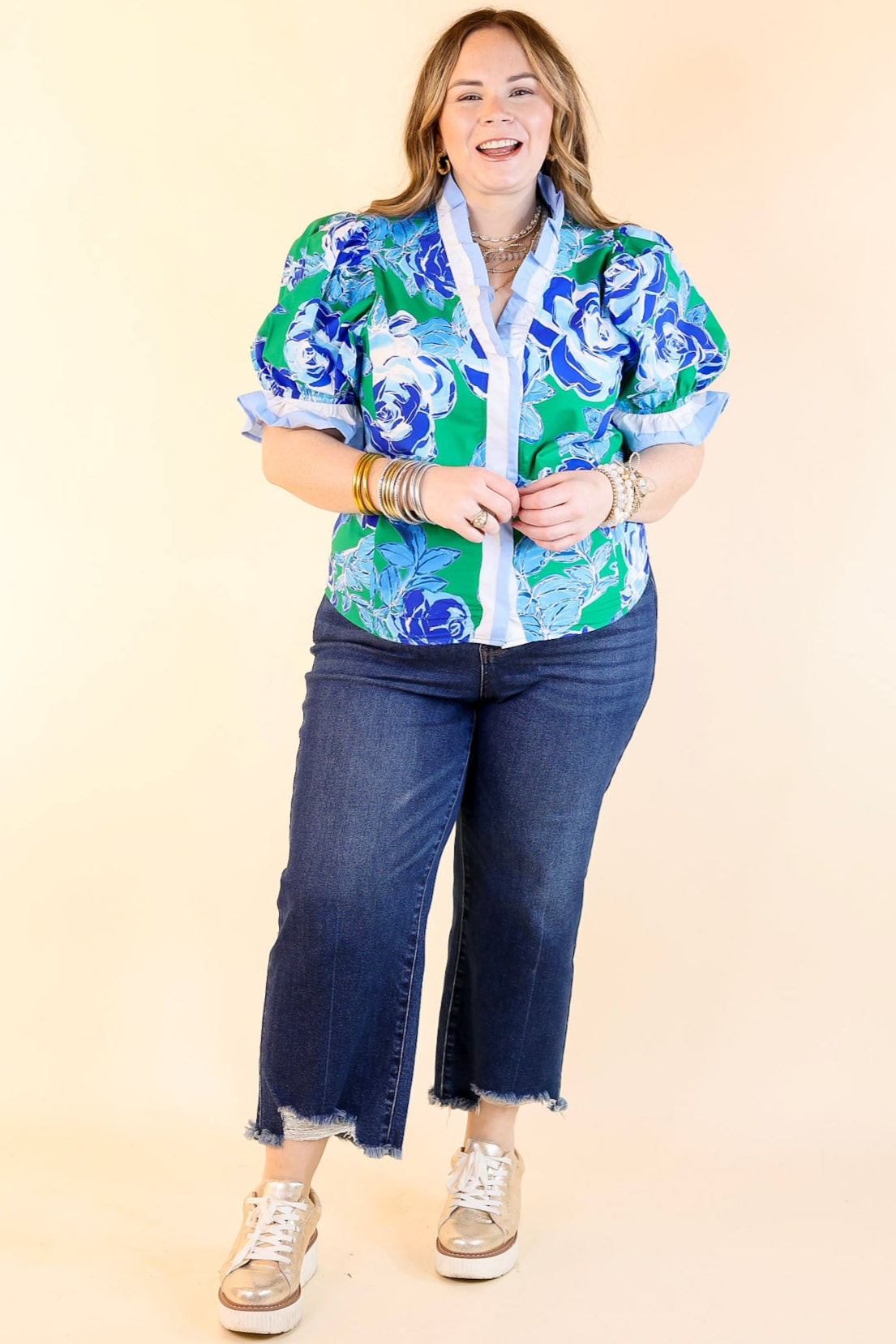Premium Floral Ruffled V-Neck Top - Green & Blue Elegance