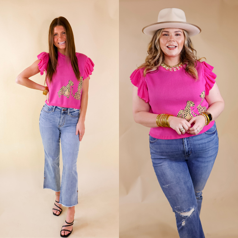 Premium Cheetah Print Ruffle Sleeve Sweater - Pink