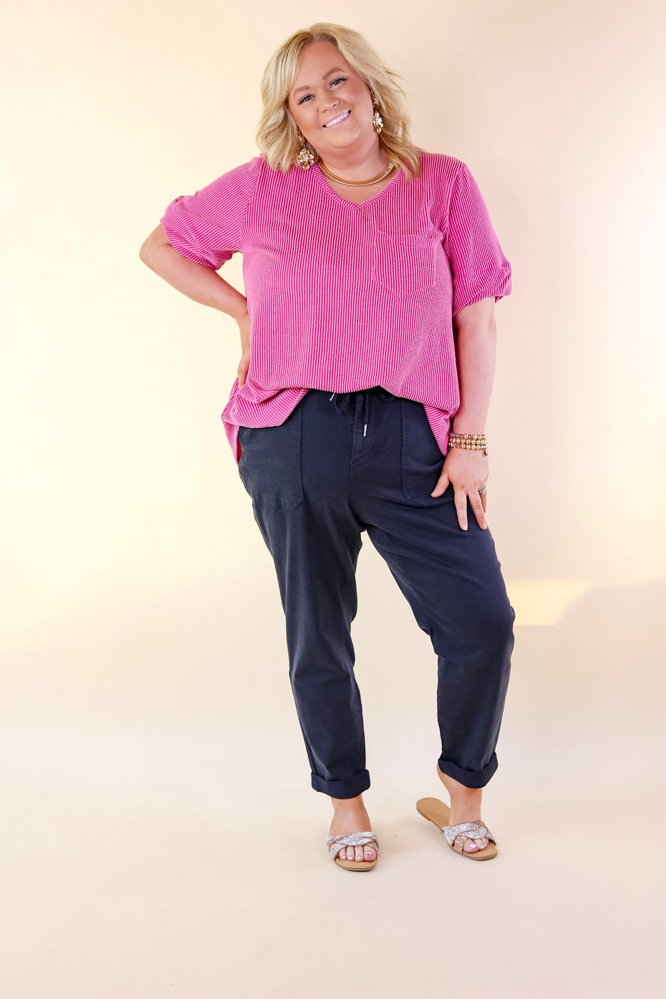Ultimate Comfort Ribbed Short Sleeve Top with Front Pocket - Orchid Pink