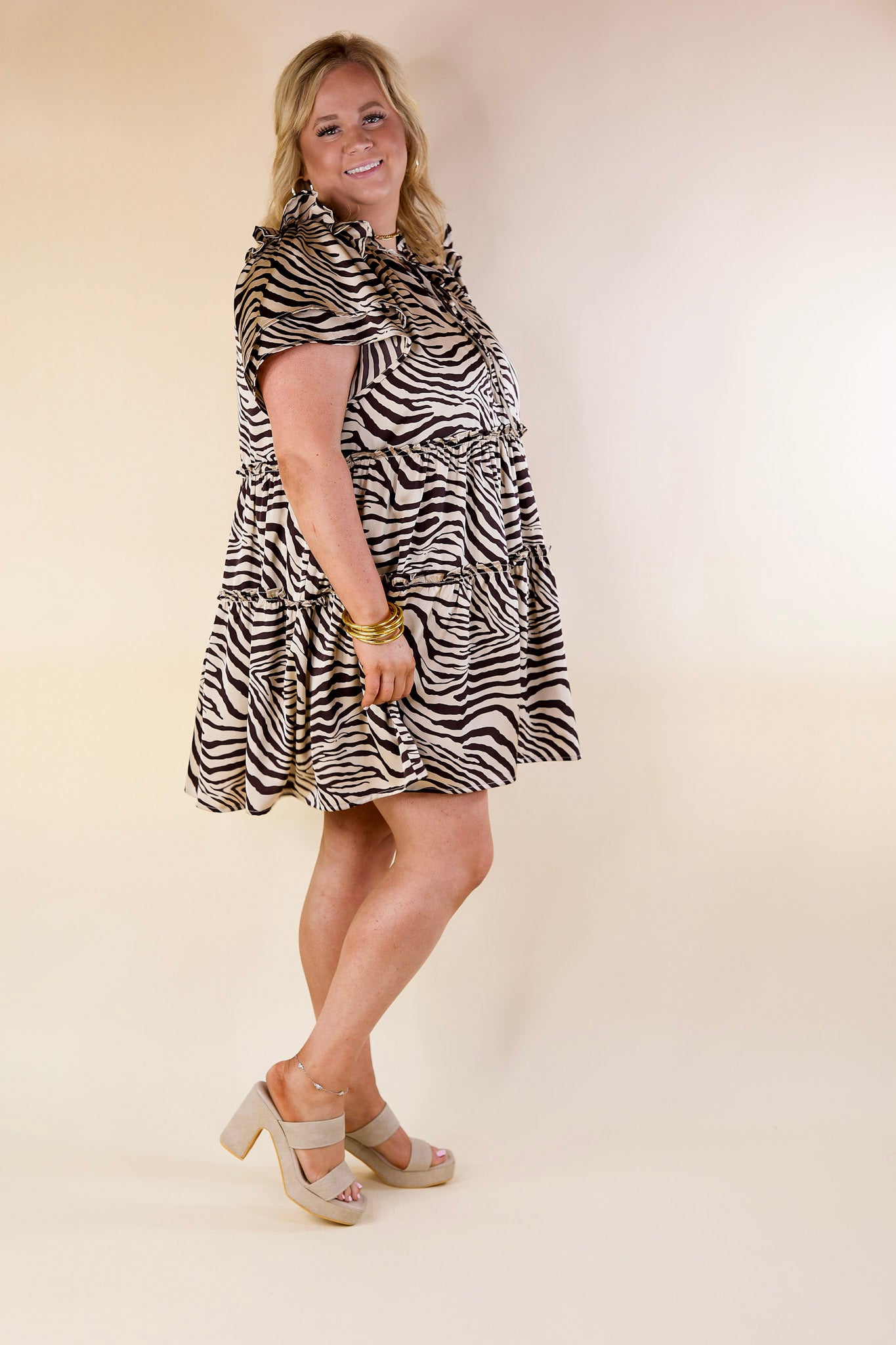 Premium Plus Size Zebra Print Tiered Dress in Chocolate Brown | Effortless Elegance