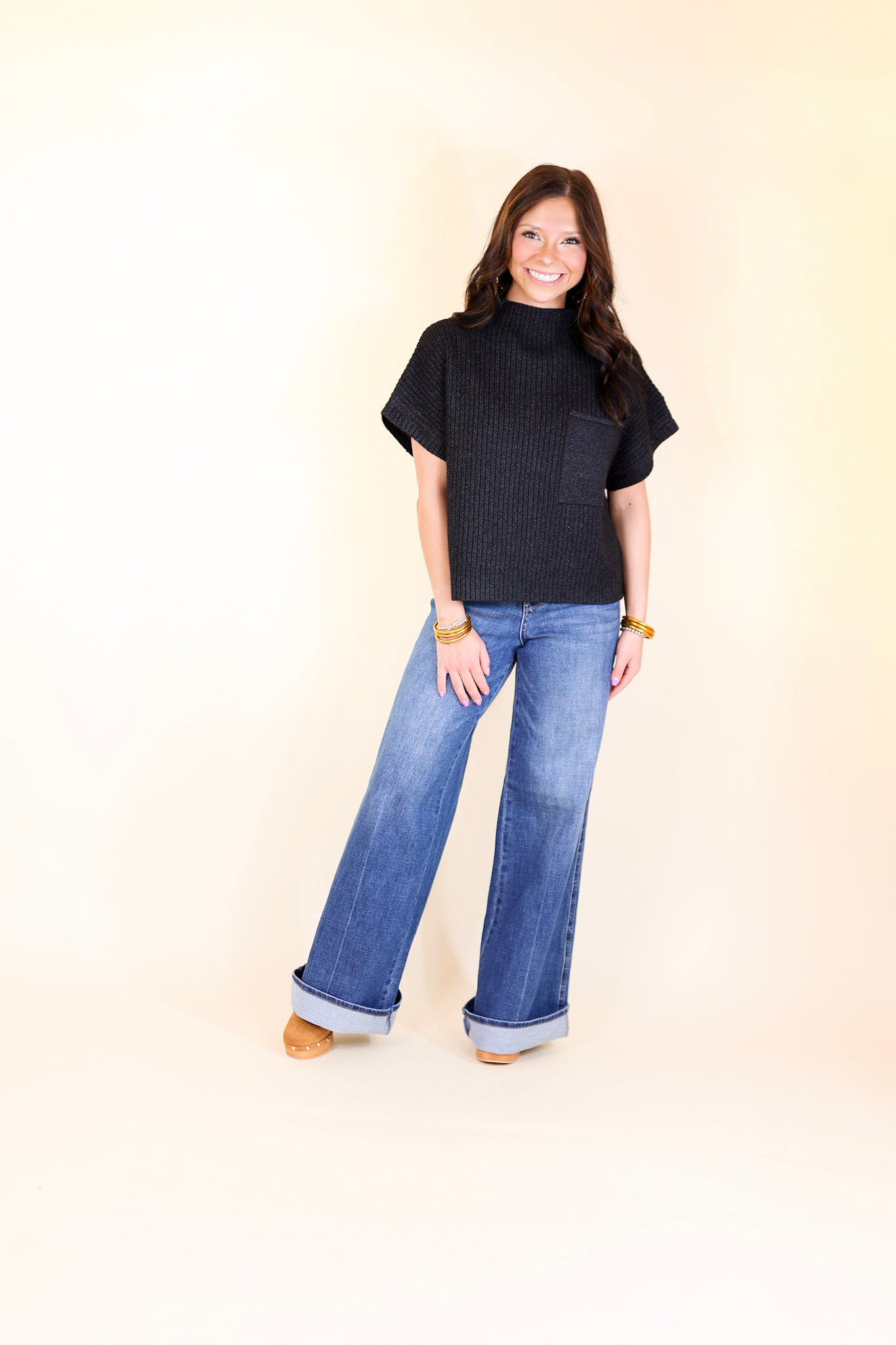 Premium City Sights Cap Sleeve Sweater Top - Ultimate Black