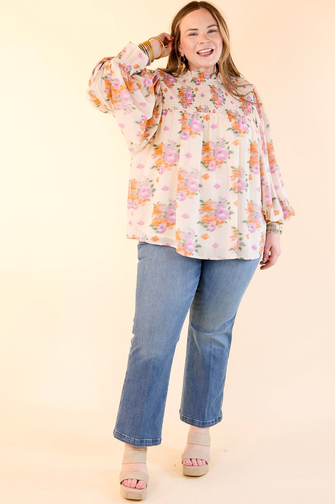 Premium Garden Glow Watercolor Floral Blouse - Elegant High Neckline in Ivory