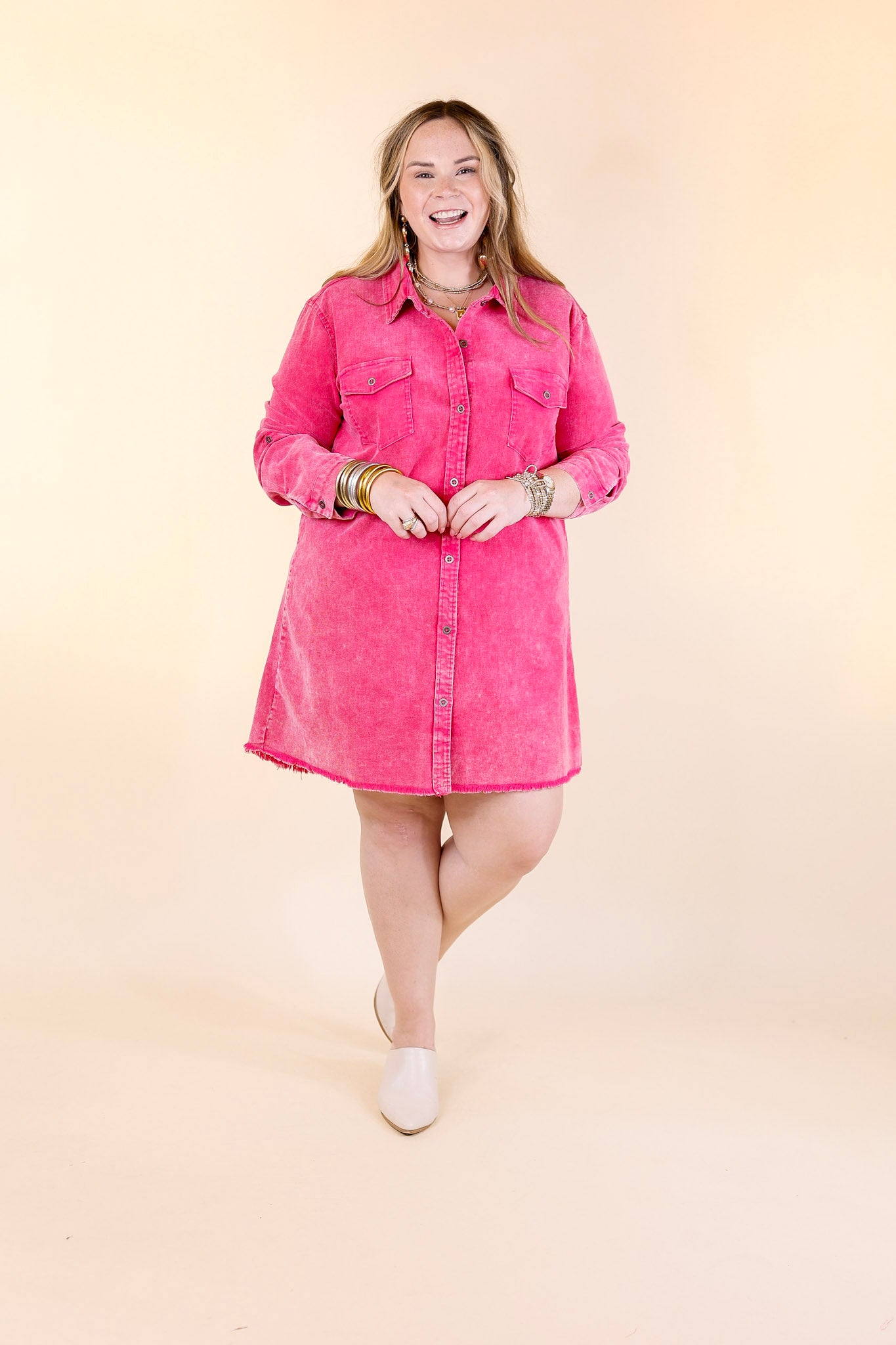 Premium Corduroy Long Sleeve Dress - Pink Elegance