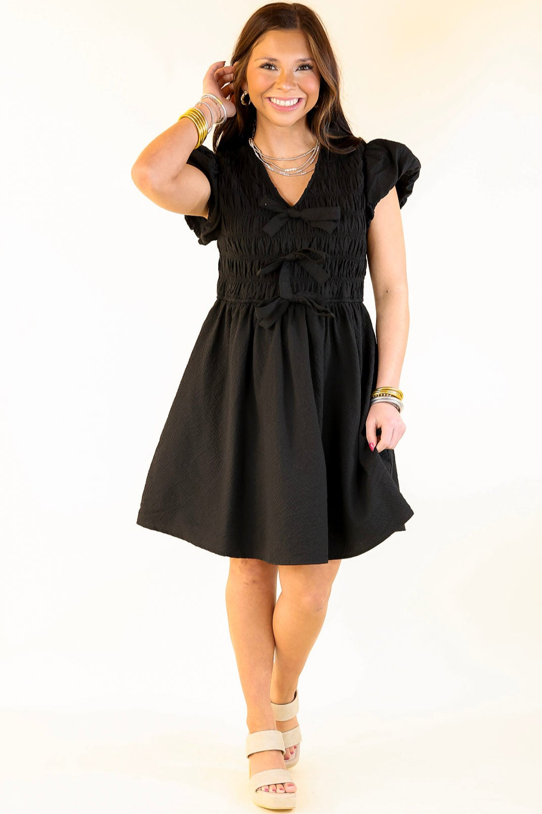 Premium Elegance Cap Sleeve Bow Dress in Black