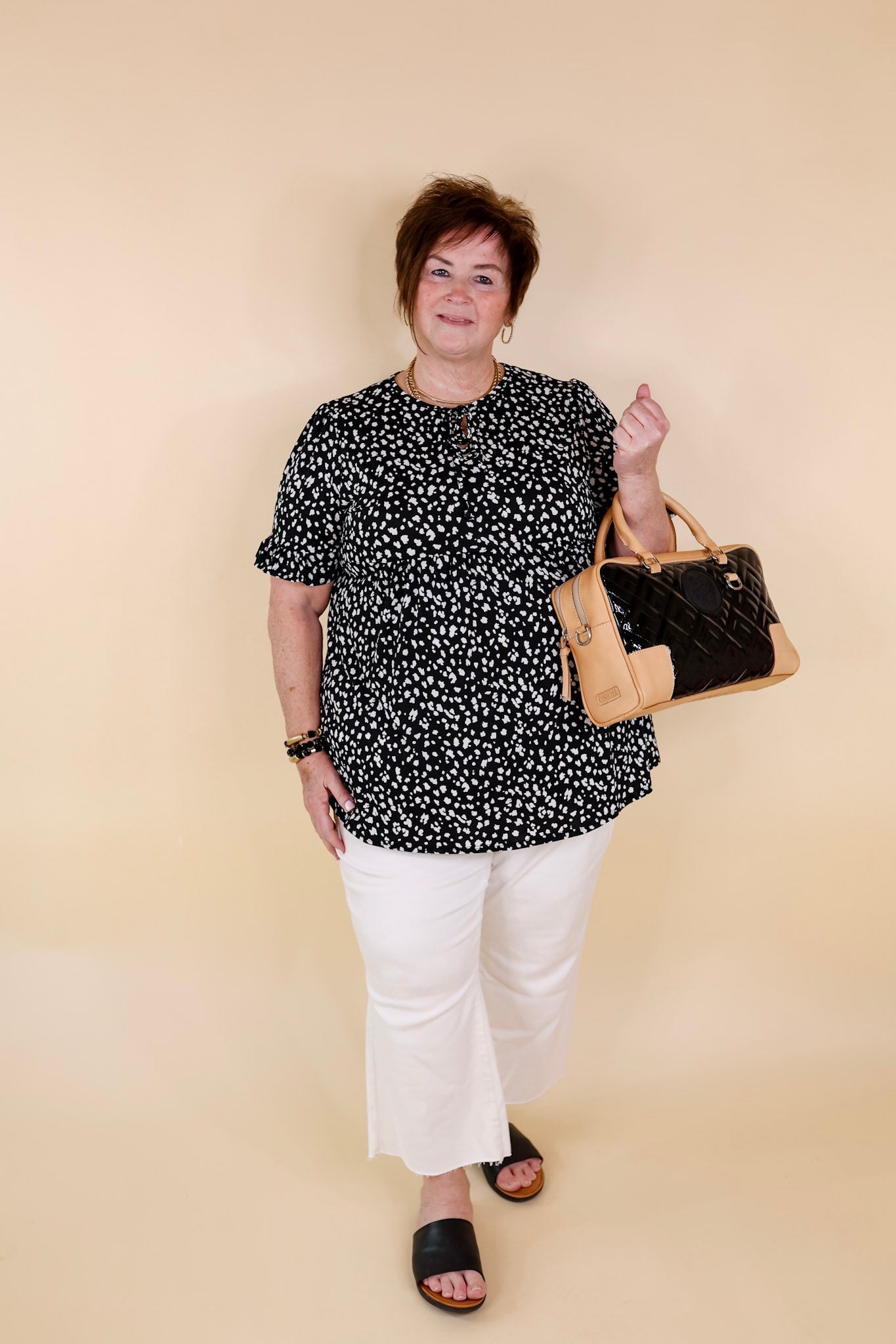 Premium Cheetah Print Babydoll Top - Black with Keyhole & Tie Neckline