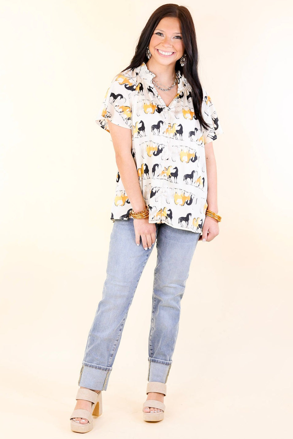 Premium Away We Go Ivory Horse Print Button-Up Shirt