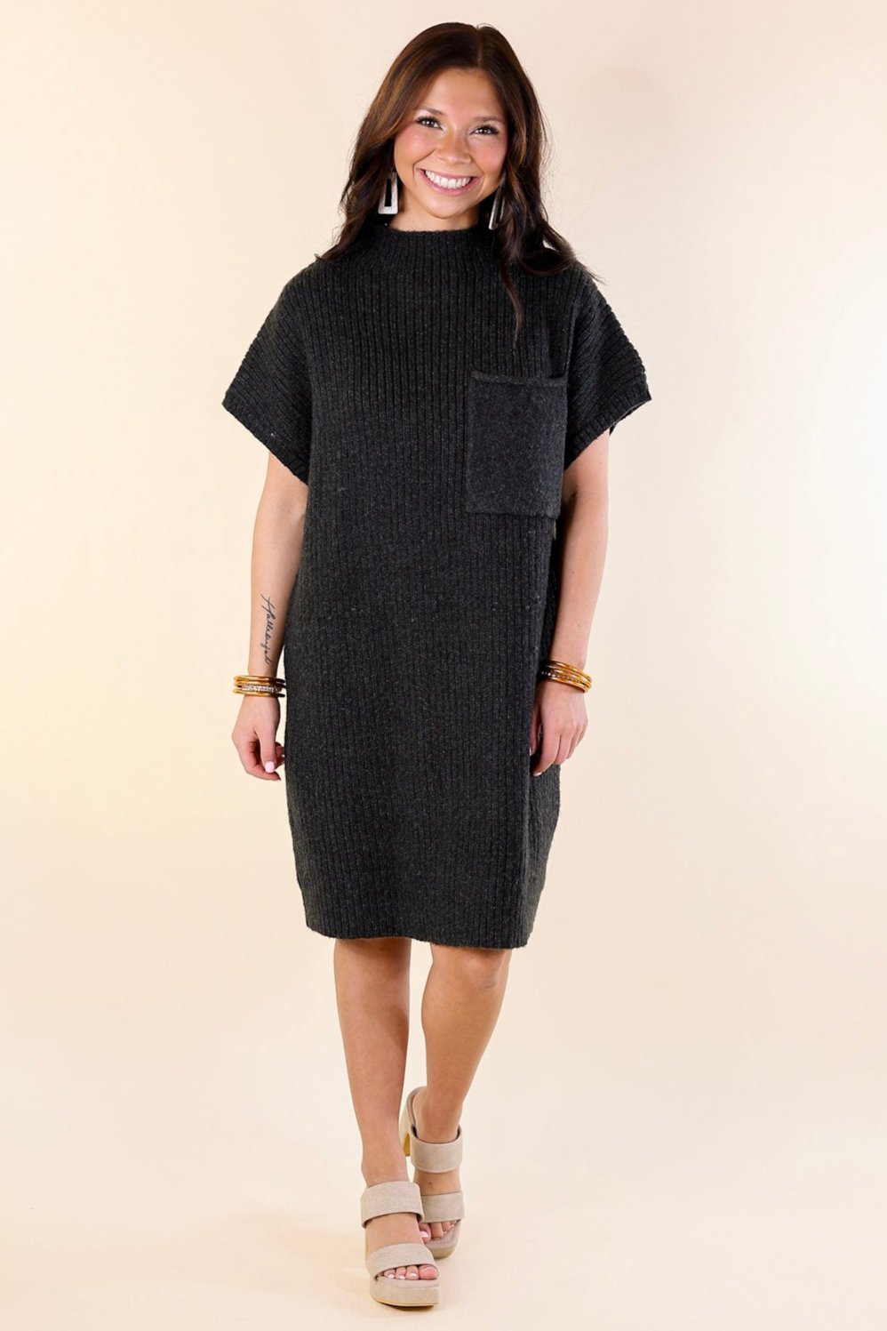 Premium City Sights Cap Sleeve Sweater Dress - Ultimate Charcoal Black