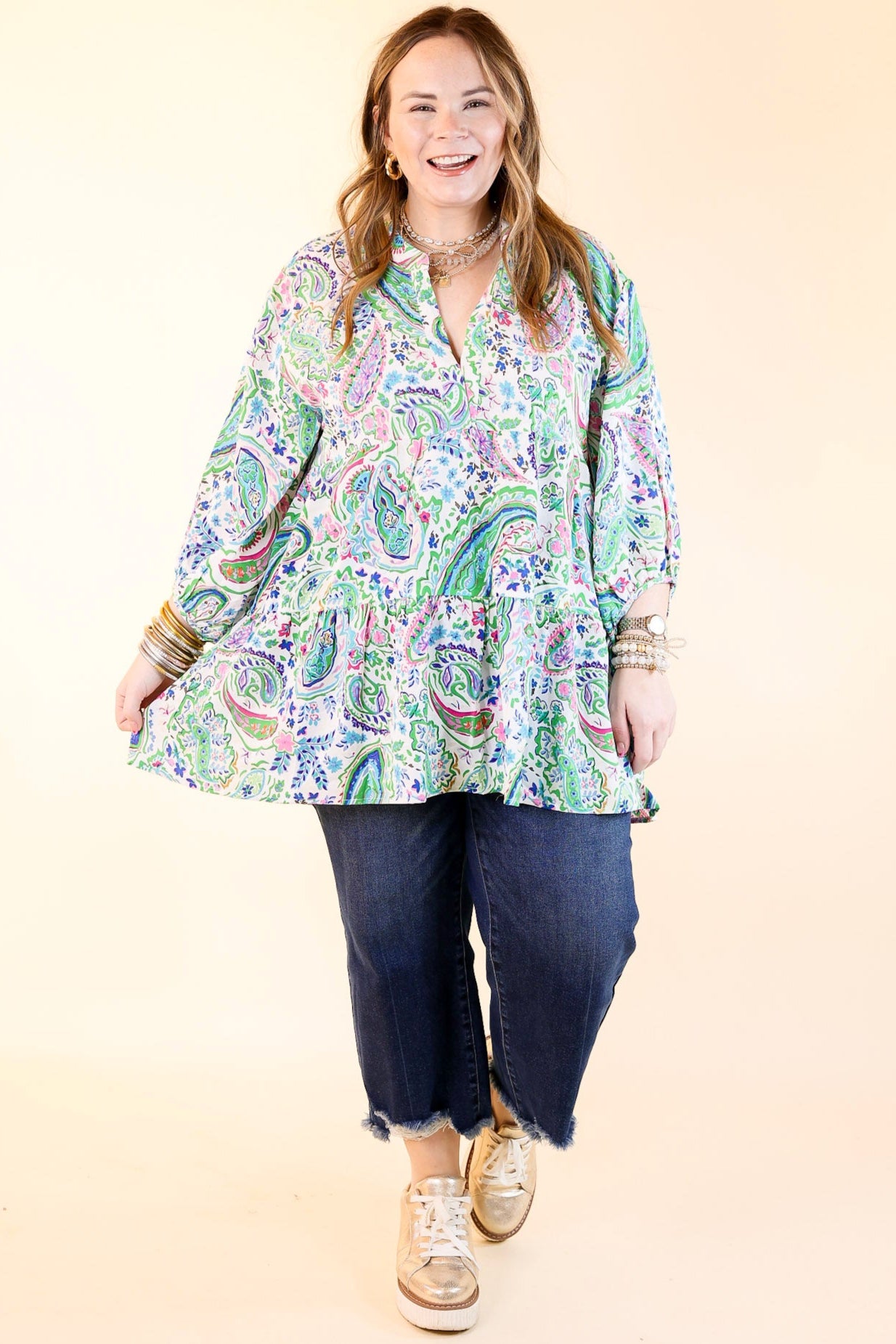 Premium Meadow Melody Paisley Babydoll Top - Green Mix | Ultimate Comfort & Style
