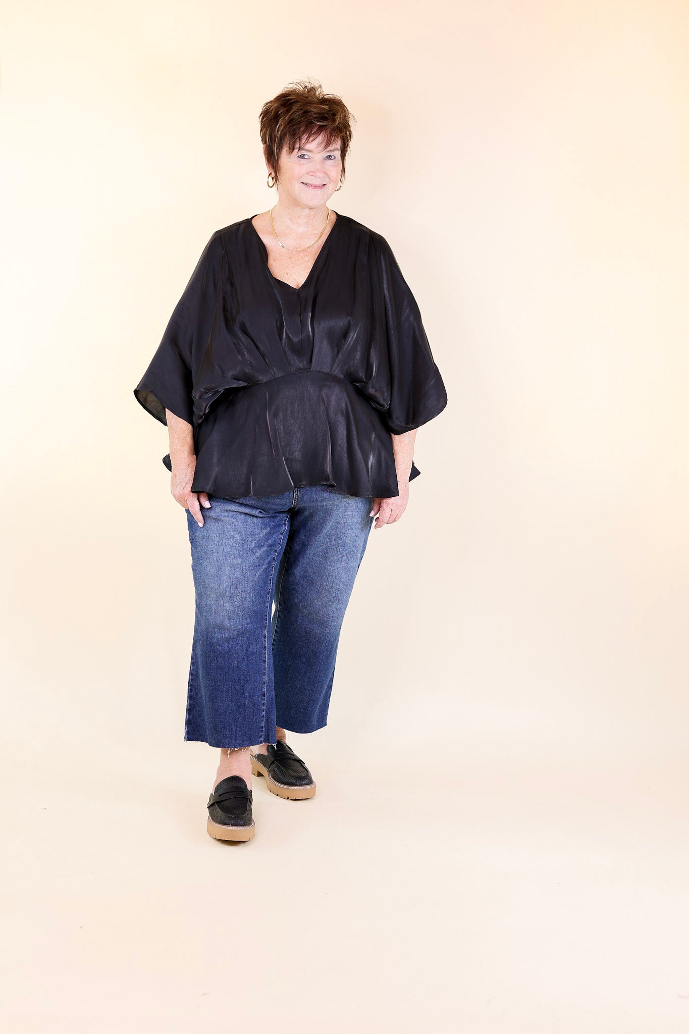 Ultimate Shiny Black Satin V-Neck Peplum Top with Drop Sleeves