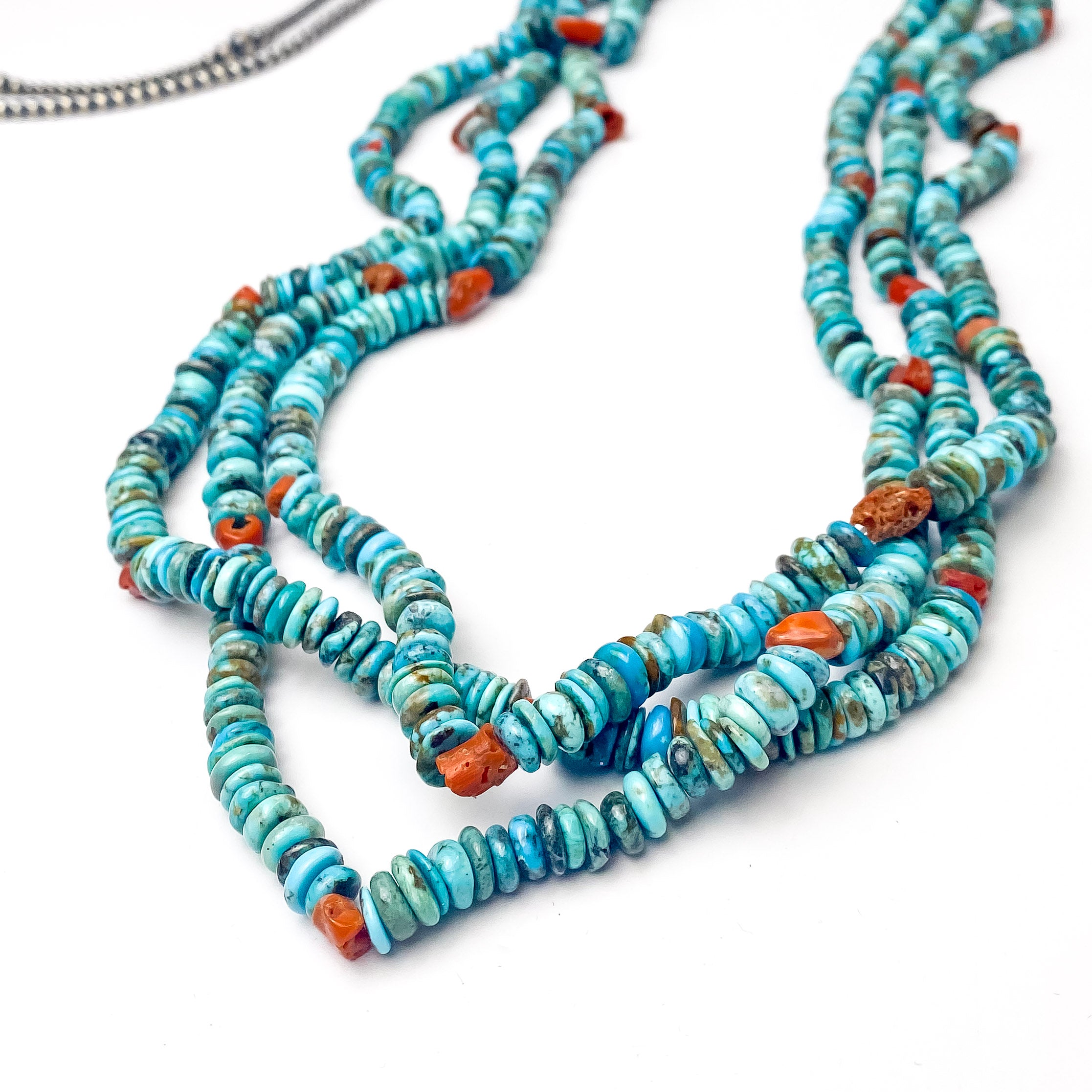 Premium Navajo Handmade Triple Strand Necklace | Natural Turquoise & Coral Stones