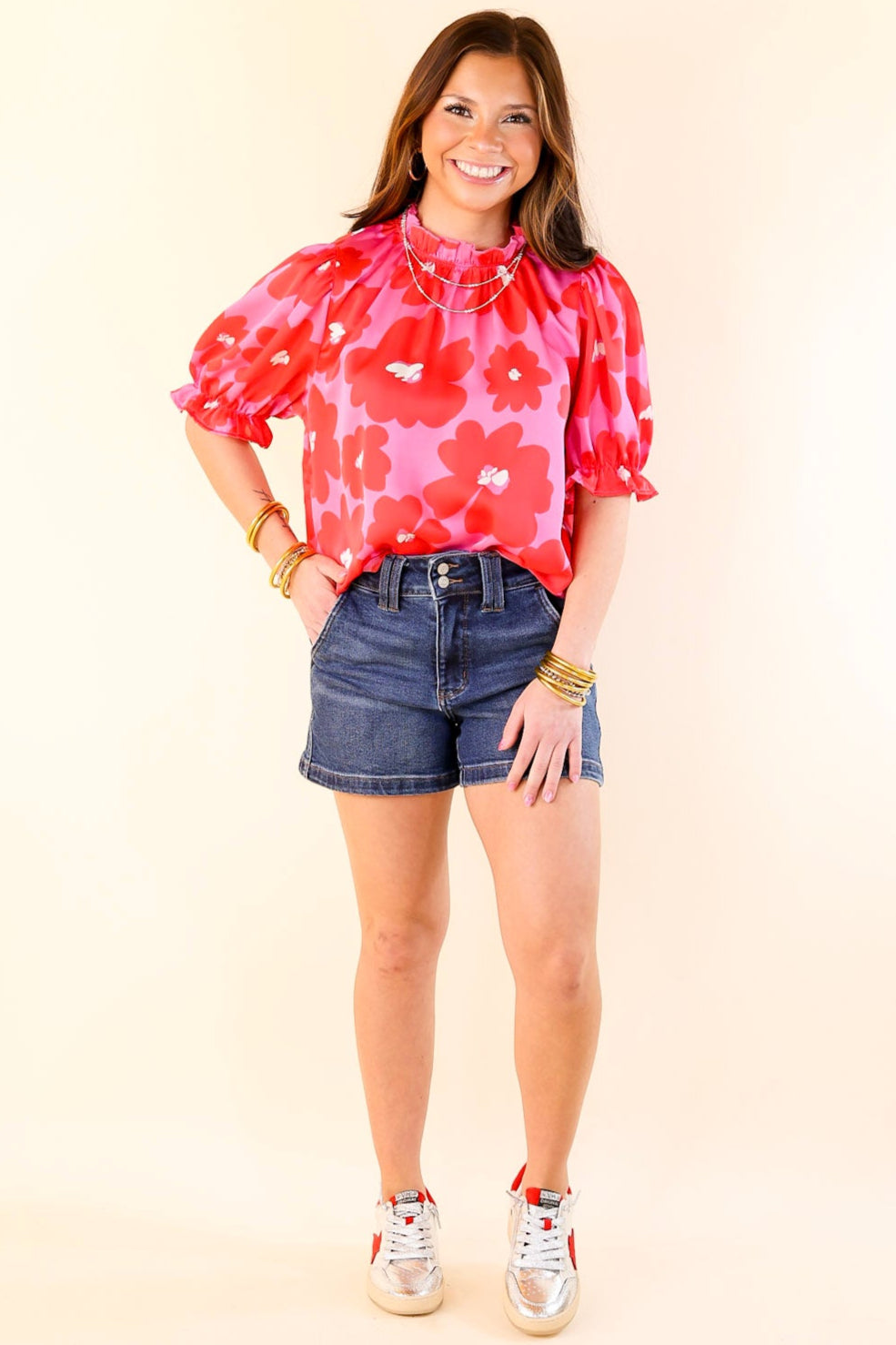 Premium Elegance Floral Blouse with Puffed Sleeves & Ruffled Neckline - Soft Pink