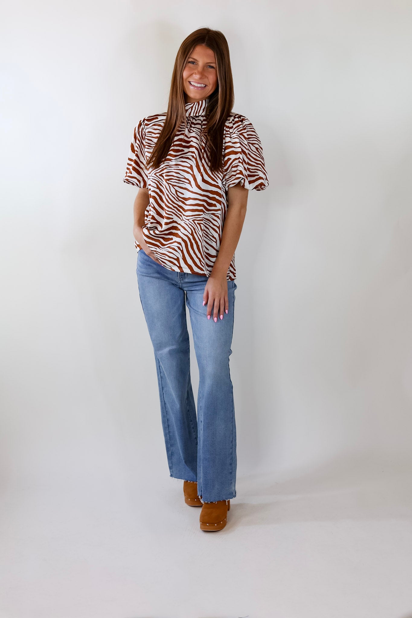 Premium Rival Flair Zebra Print Mock Neck Top – Ginger & White